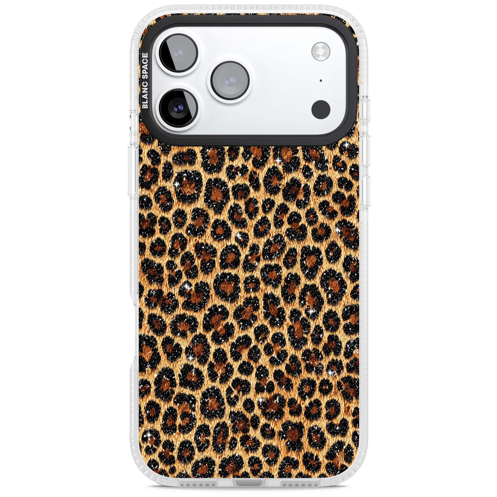Diamond Leopard leopard print iPhone case featuring golden tan fur, black rosette spots and subtle glitter sparkle | Clear Case Impact Air case for iPhone 17 Pro, iPhone 17 Pro Max