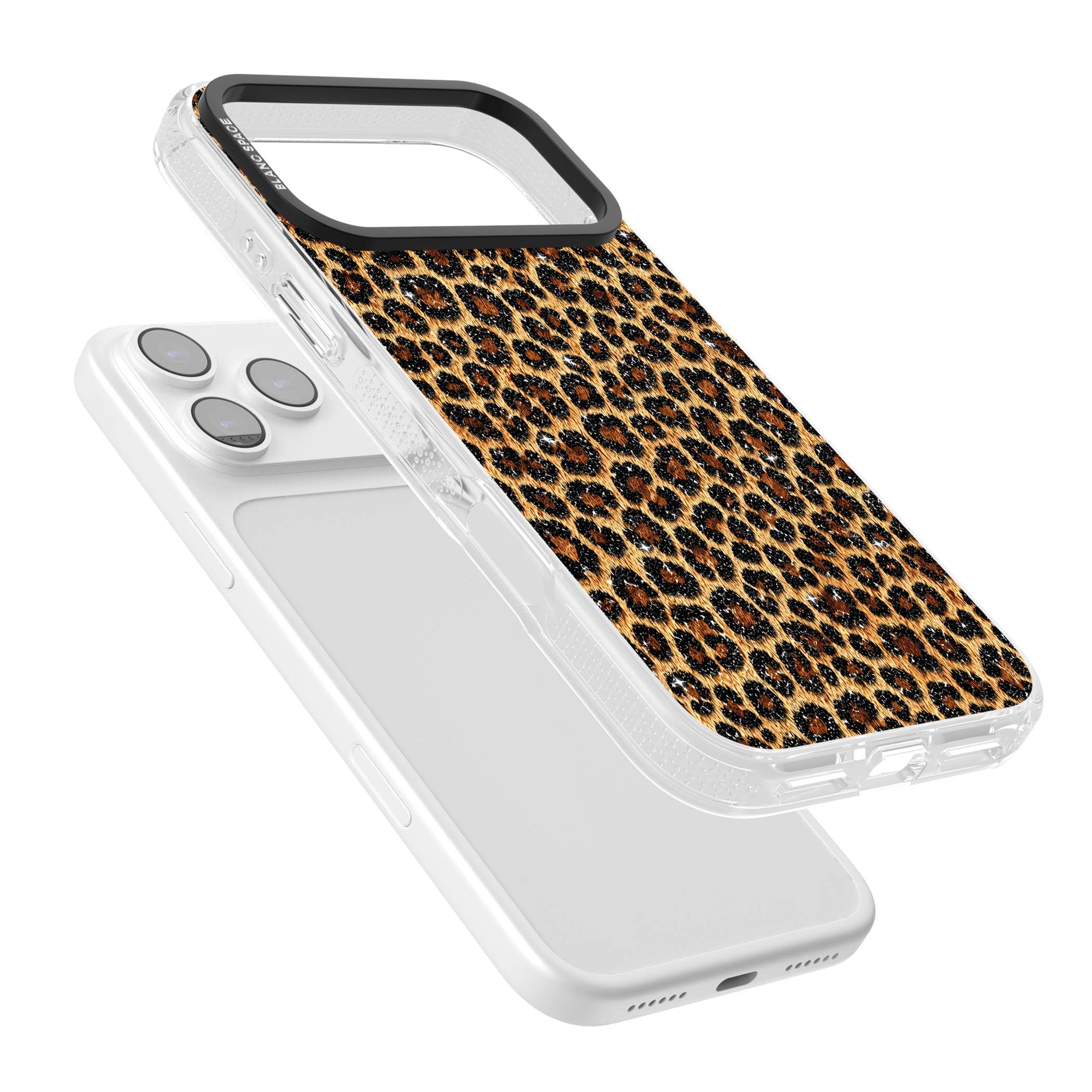 Diamond Leopard leopard print iPhone case featuring golden tan fur, black rosette spots and subtle glitter sparkle | Clear Case Impact Air case for iPhone 17 Pro, iPhone 17 Pro Max