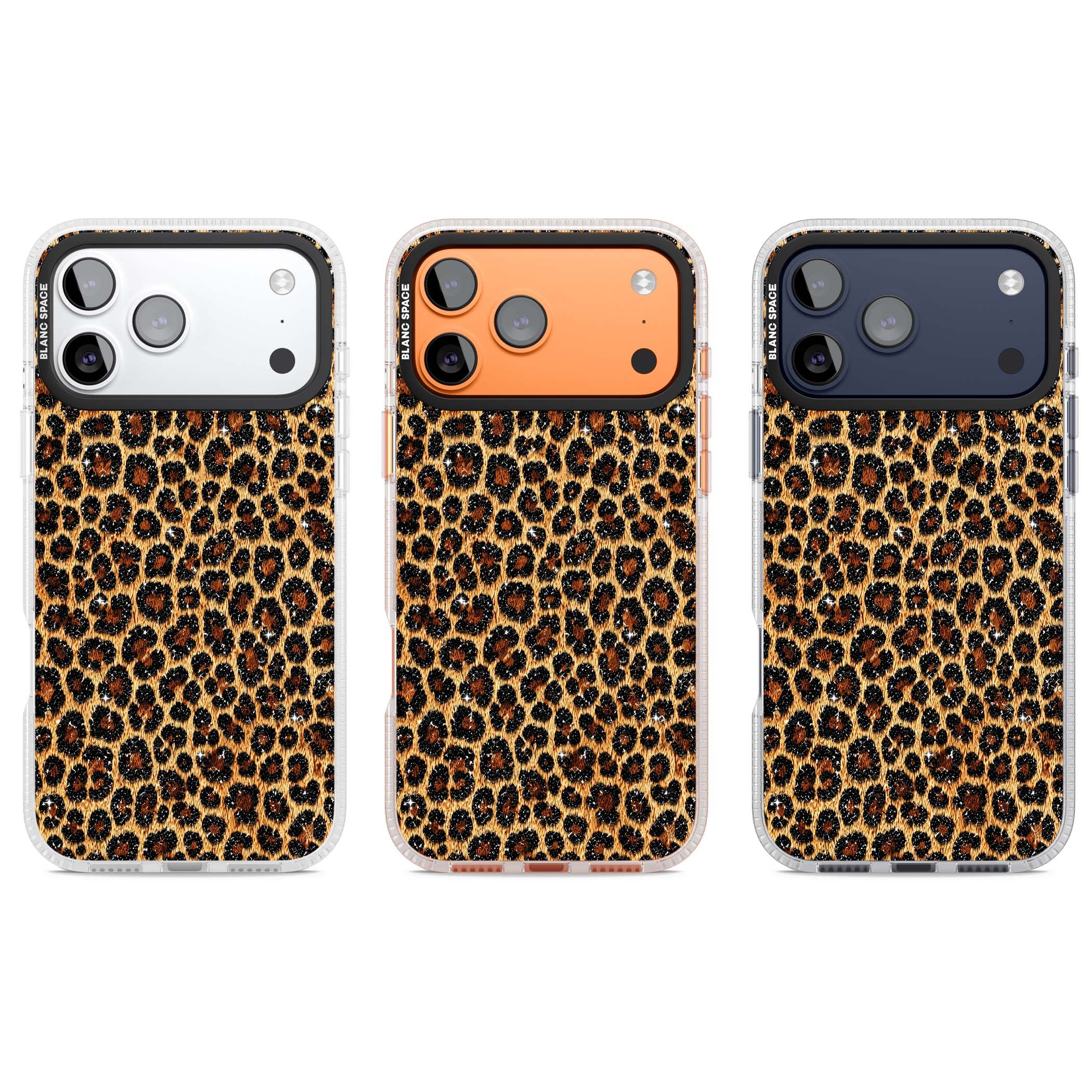 Diamond Leopard leopard print iPhone case featuring golden tan fur, black rosette spots and subtle glitter sparkle | Clear Case Impact Air case for iPhone 17 Pro, iPhone 17 Pro Max
