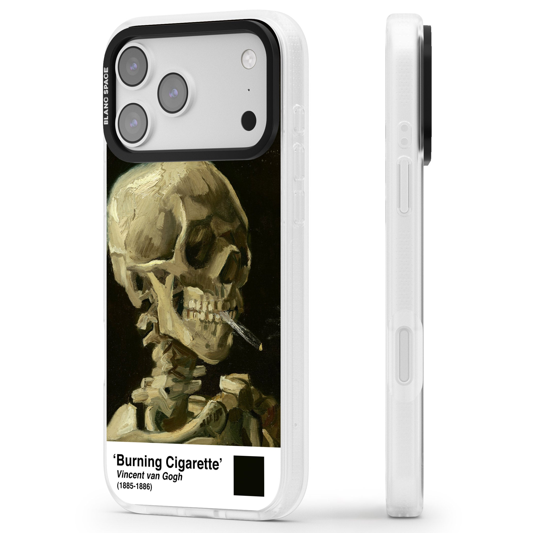 Skull Of A Skeleton With Burning Cigarette iPhone 17 Pro Max Impact Air Clear Phone Case Side Profile