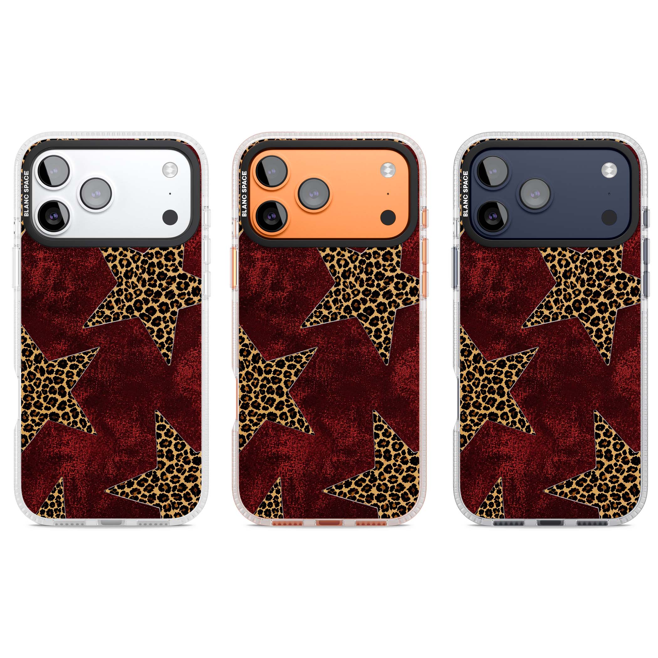 Showgirl leopard print iPhone case featuring cheetah print stars on distressed red grunge background | Clear Case Impact Air case for iPhone 17 Pro, iPhone 17 Pro Max