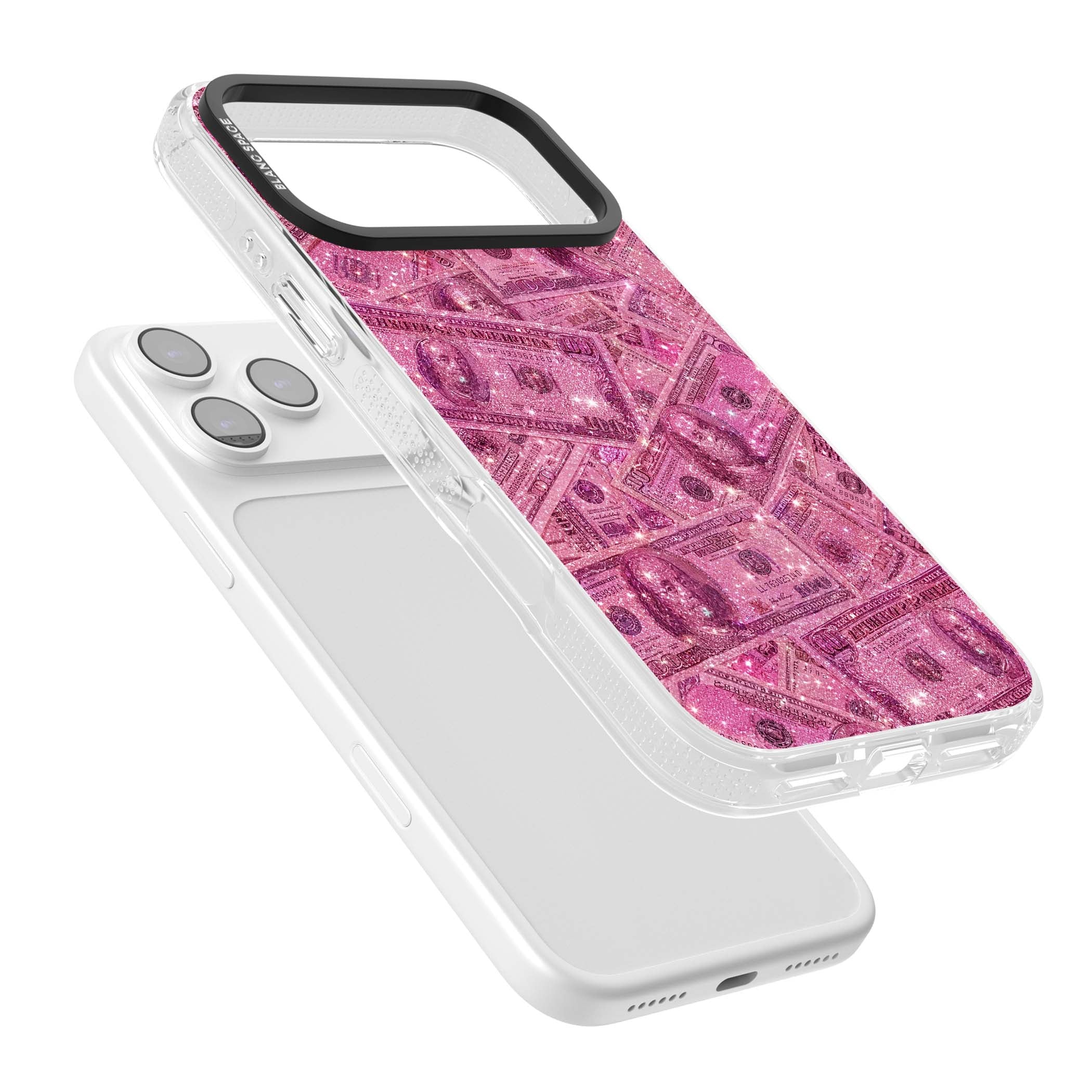 Glamorous baddie iPhone case featuring pink glitter hundred dollar bills and sparkling money wallpaper design | Clear Case Impact Air case for iPhone 17 Pro, iPhone 17 Pro Max