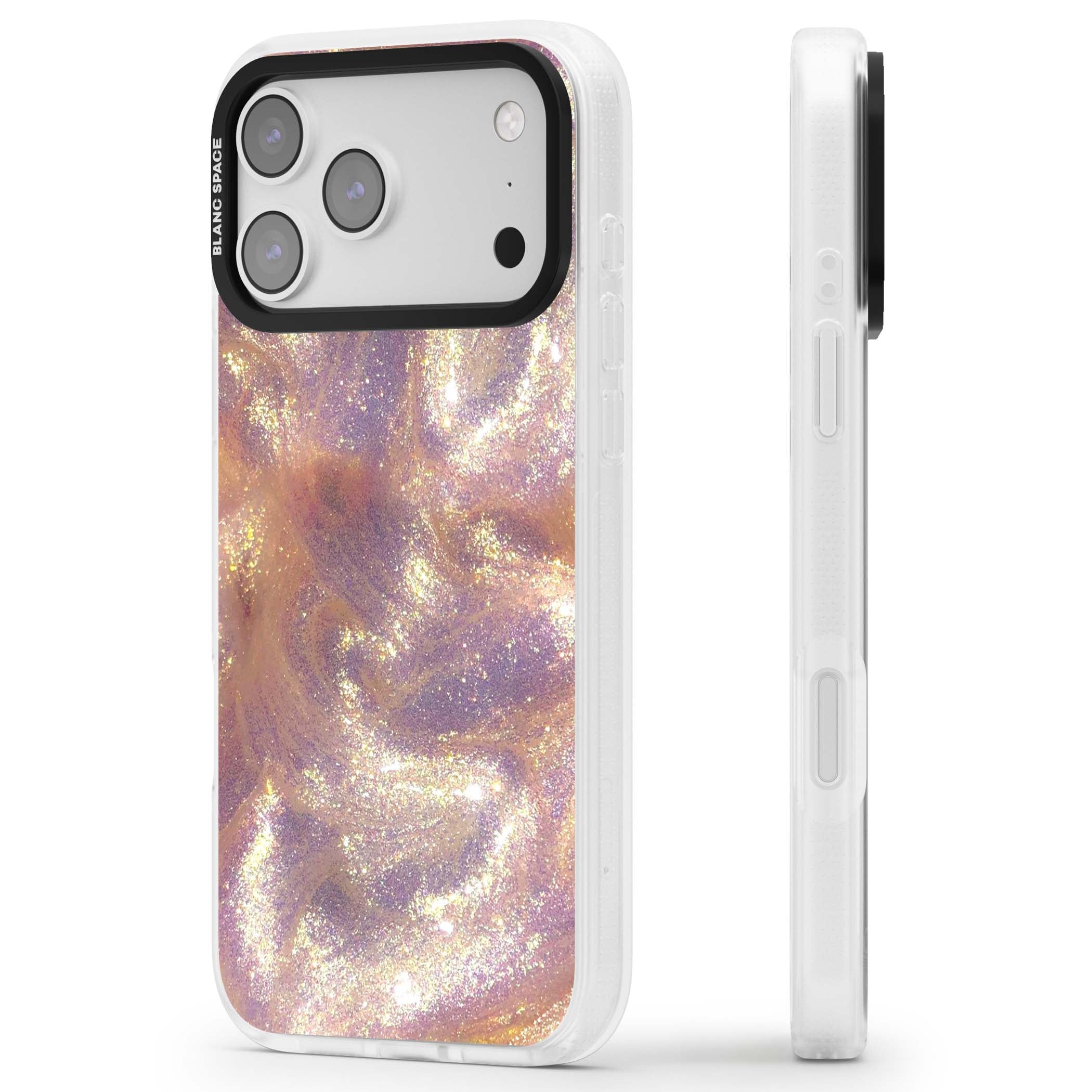 Shimmer marble iPhone case featuring rose gold glitter swirls, lilac shimmer and iridescent pearl finish | Clear Case Impact Air case for iPhone 17 Pro, iPhone 17 Pro Max