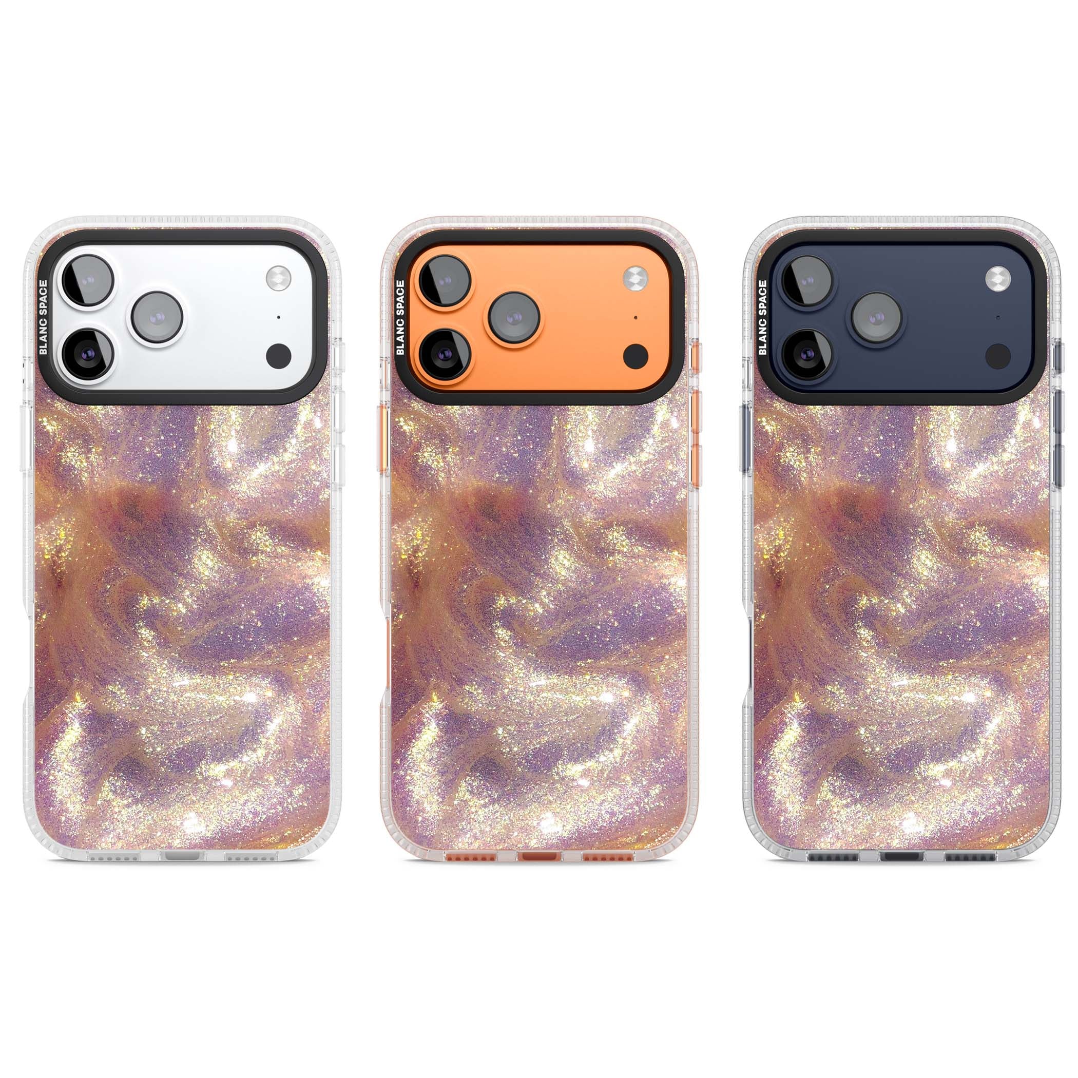 Shimmer marble iPhone case featuring rose gold glitter swirls, lilac shimmer and iridescent pearl finish | Clear Case Impact Air case for iPhone 17 Pro, iPhone 17 Pro Max