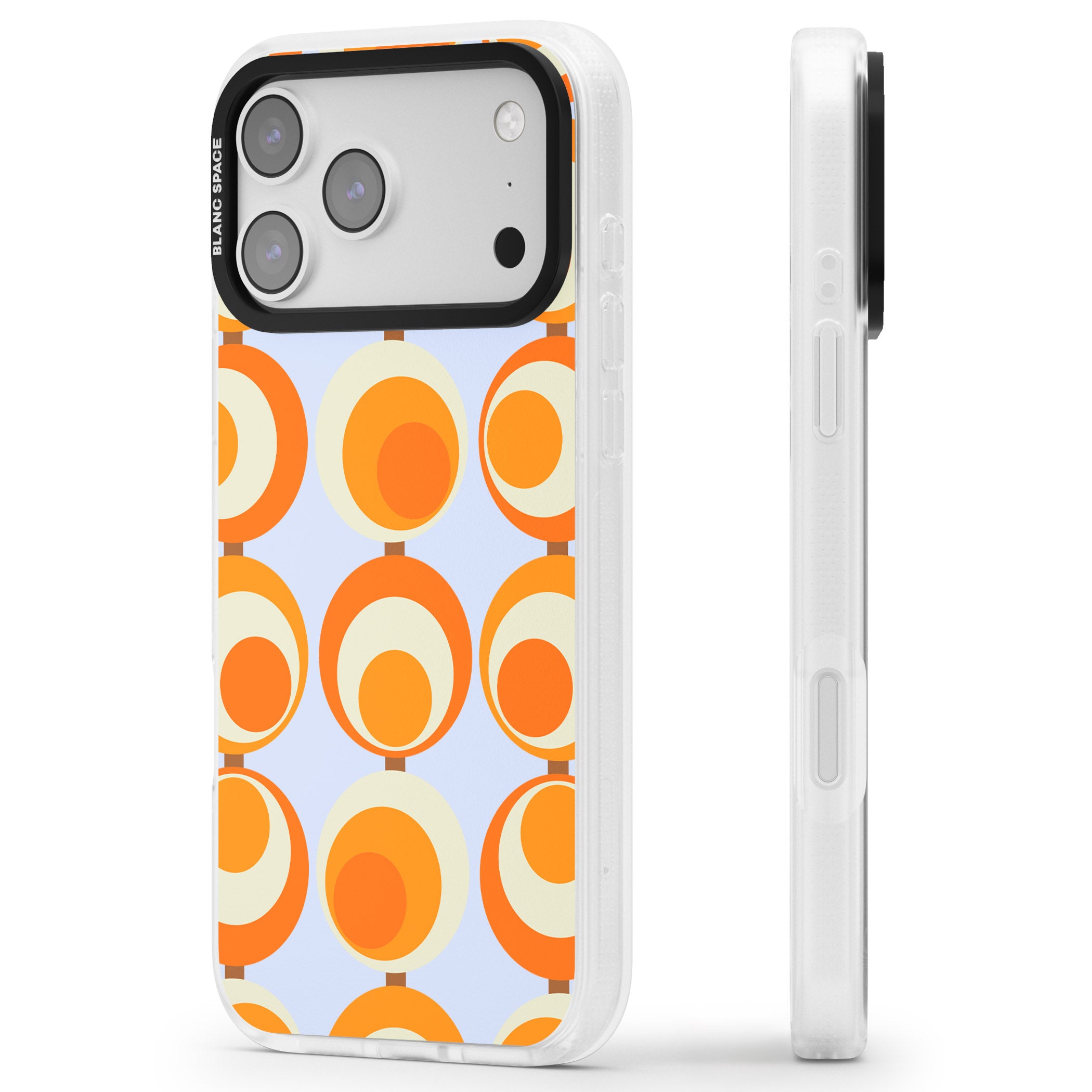 Mid Century Blue Orange Pattern iPhone 17 Pro Max Impact Air Clear Phone Case Side Profile