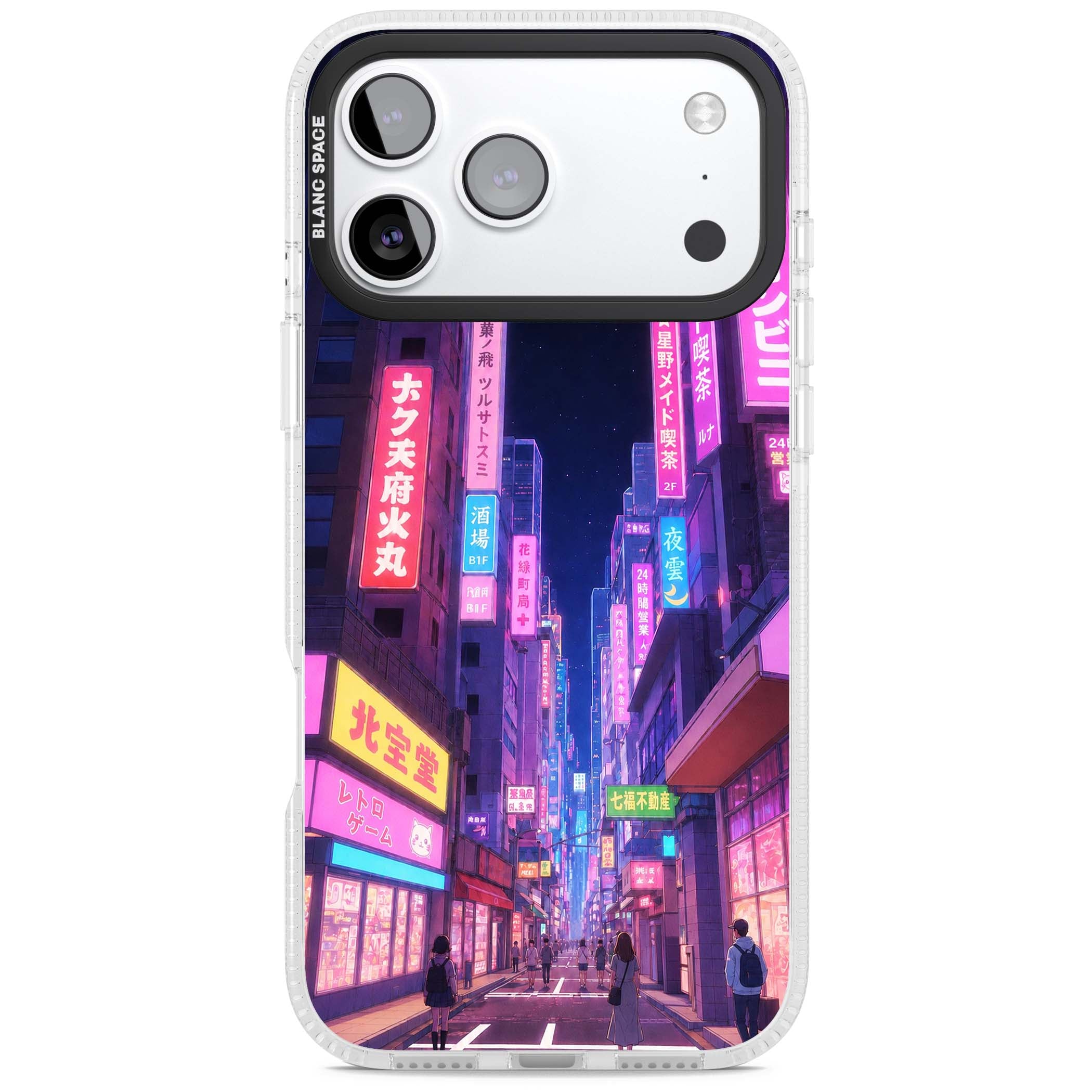 Shibuya At Night Japanese neon city iPhone case featuring glowing kanji signs, pink storefronts and a Tokyo street at n | Clear Case Impact Air case for iPhone 17 Pro, iPhone 17 Pro Max