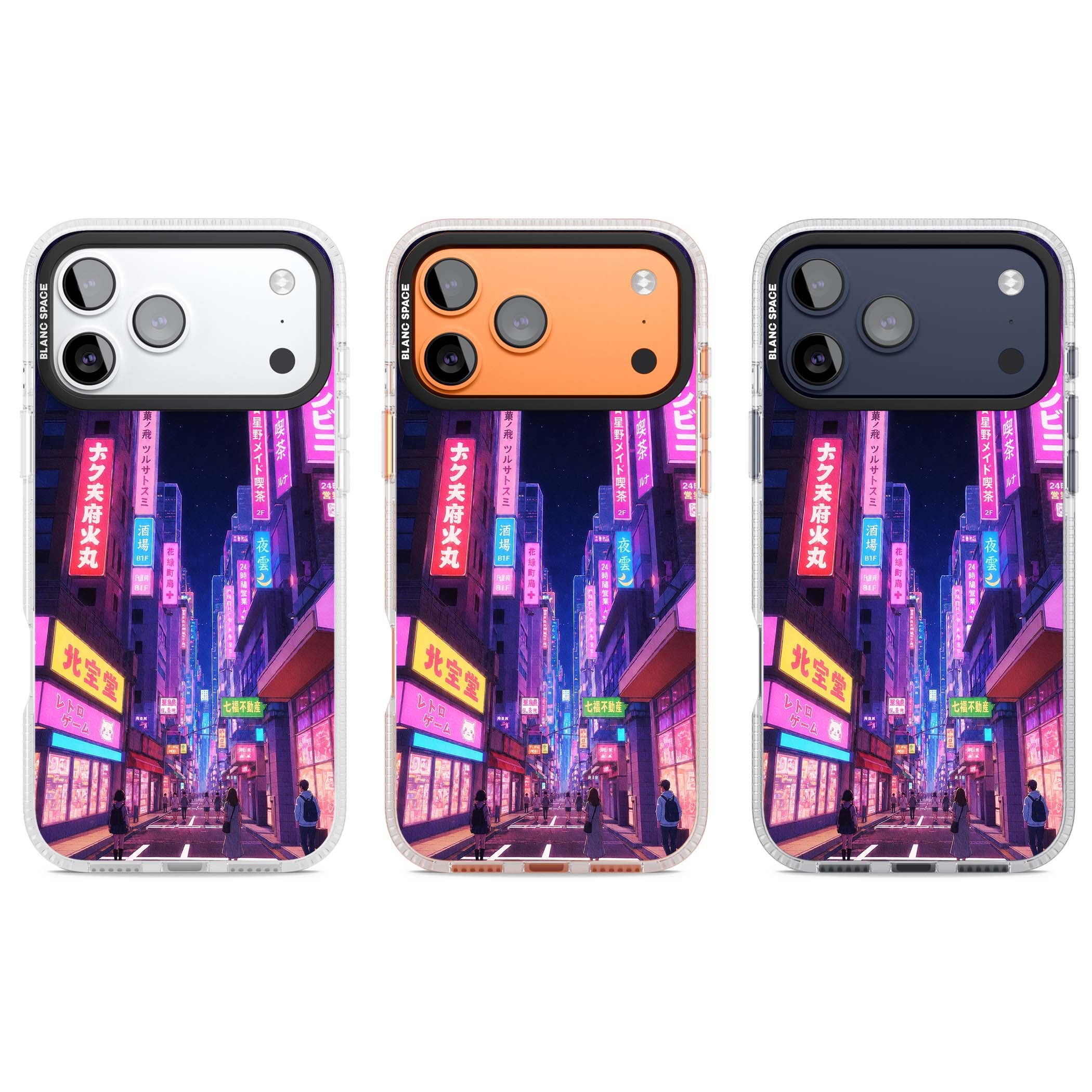 Shibuya At Night Japanese neon city iPhone case featuring glowing kanji signs, pink storefronts and a Tokyo street at n | Clear Case Impact Air case for iPhone 17 Pro, iPhone 17 Pro Max