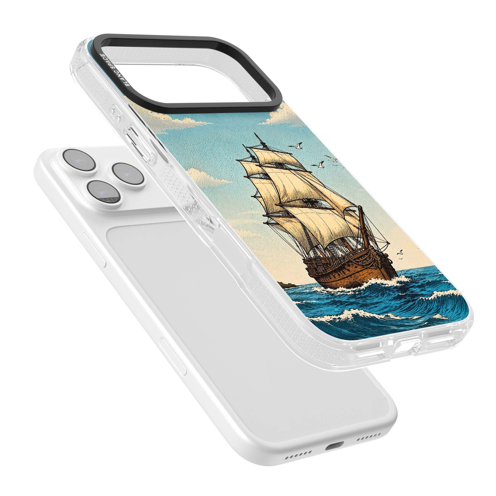Ship at Sea nautical iPhone case featuring a vintage tall ship, ocean waves and seagulls | Clear Case Impact Air case for iPhone 17 Pro, iPhone 17 Pro Max