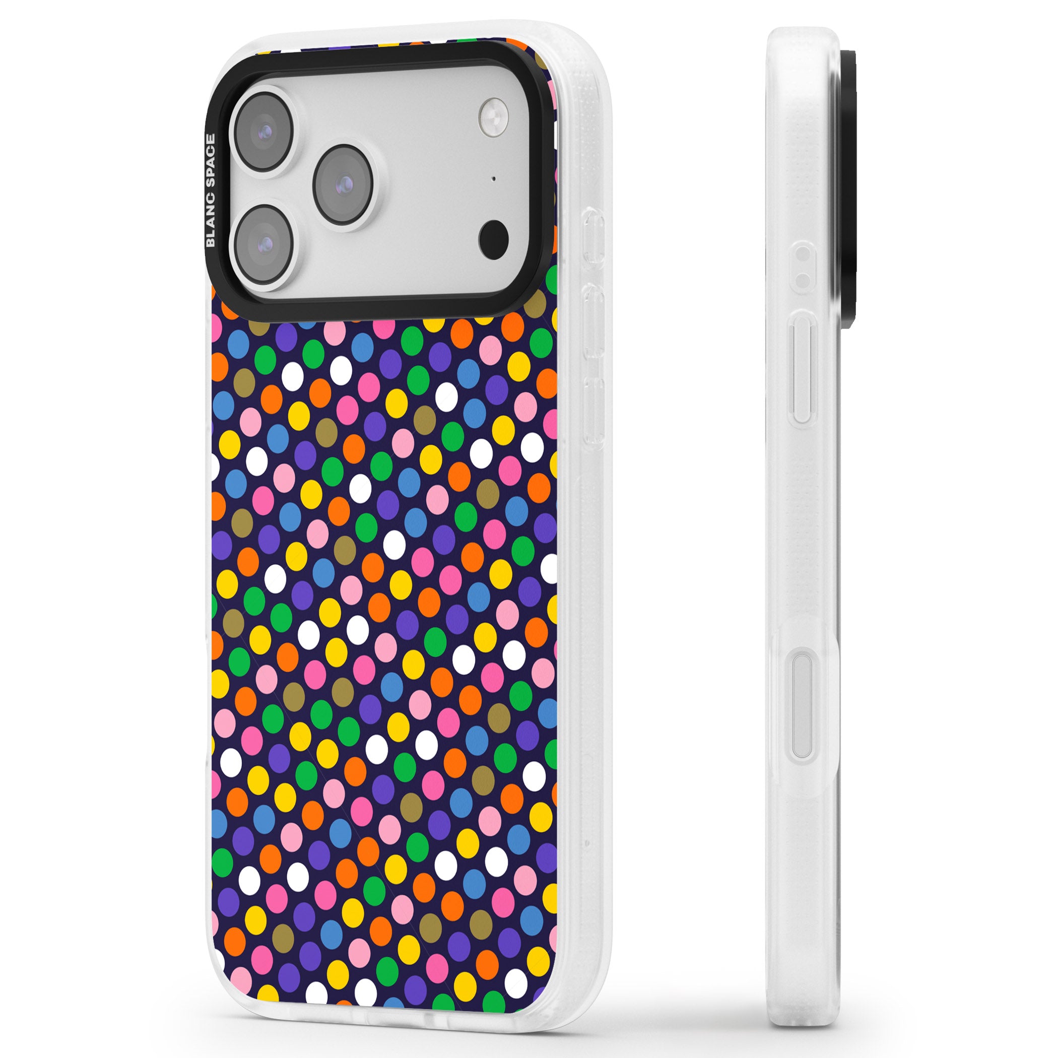 Multicolour Polka Dot Fiesta (Purple) iPhone 17 Pro Max Impact Air Clear Phone Case Side Profile