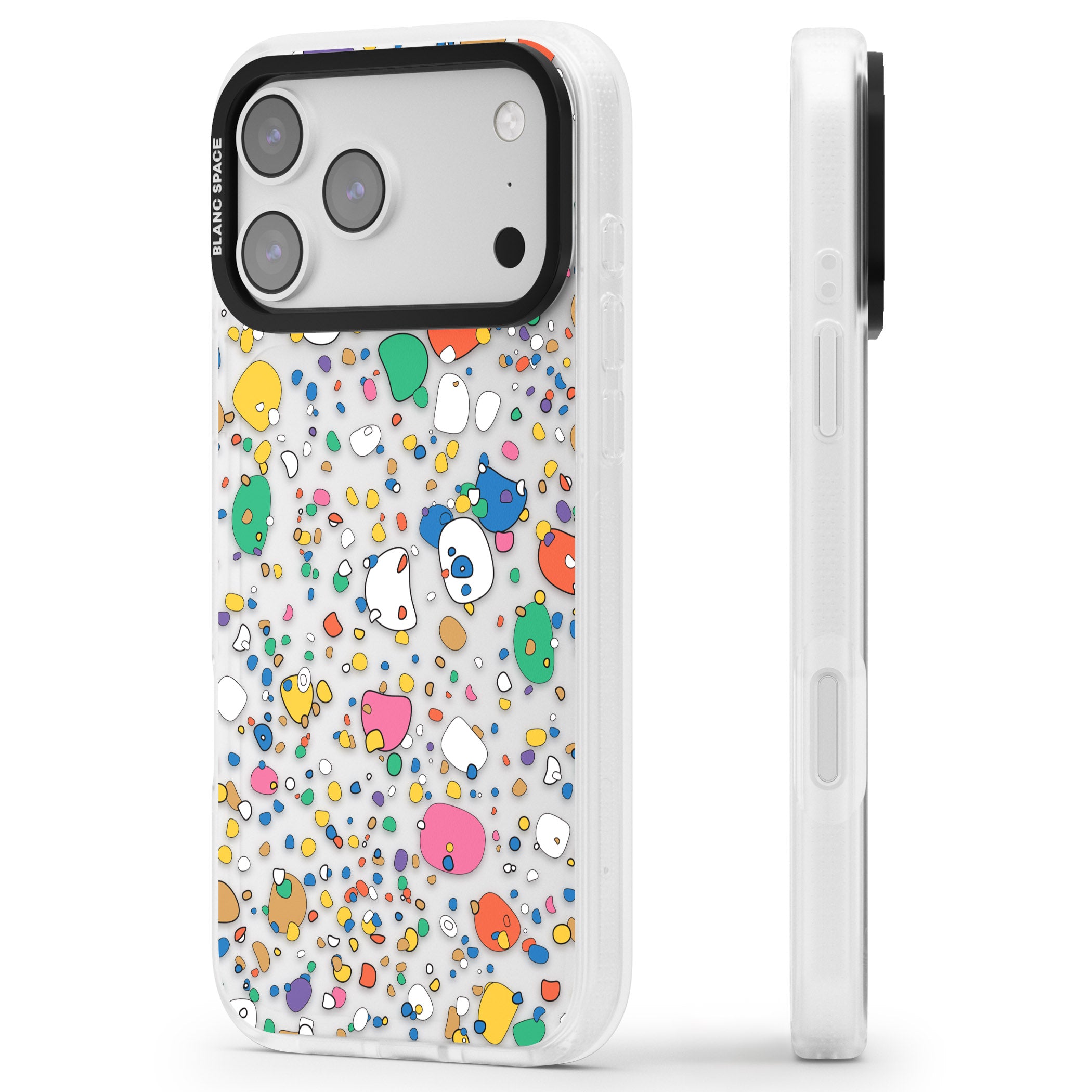 Colourful Confetti Pebbles iPhone 17 Pro Max Impact Air Clear Phone Case Side Profile