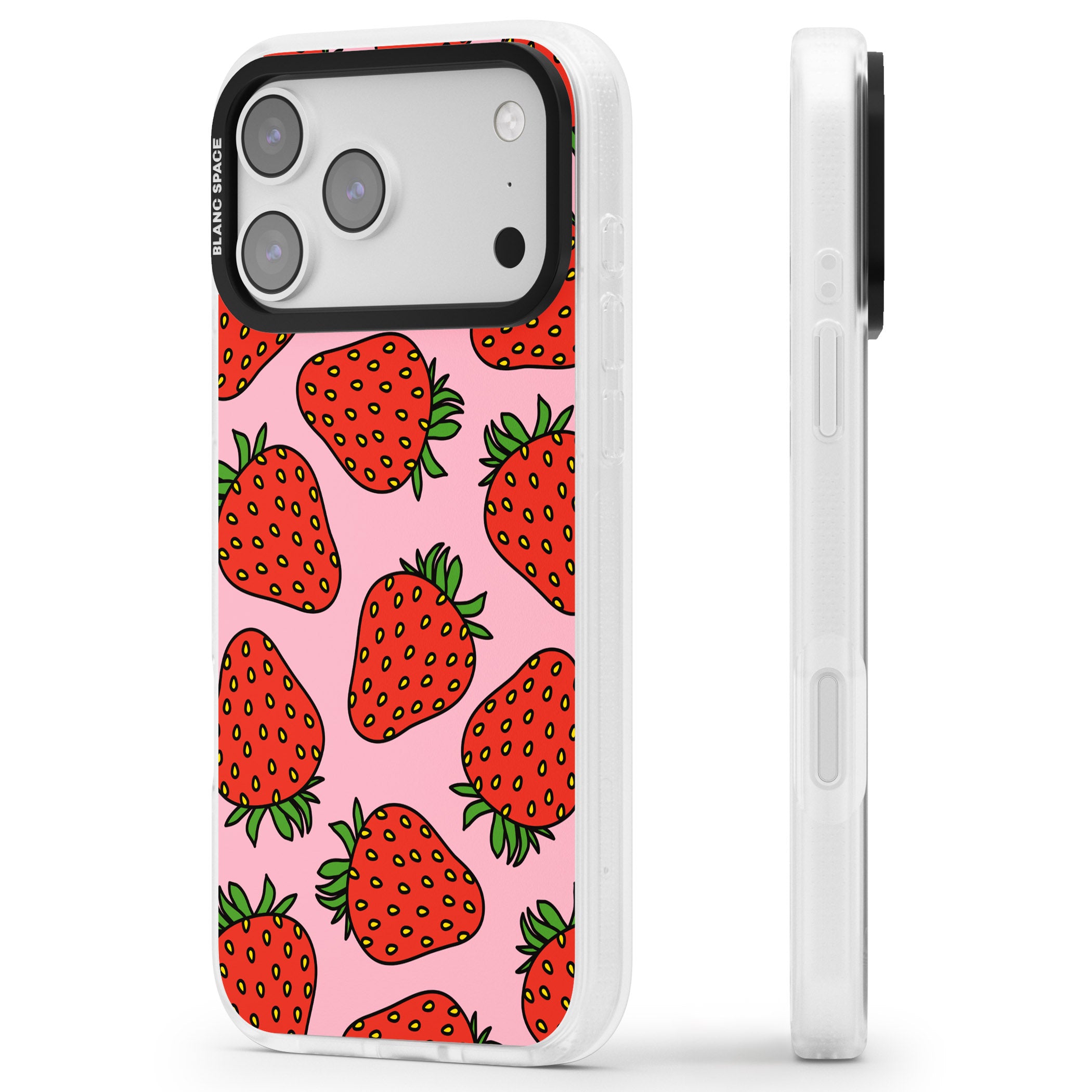 Strawberry Pattern (Pink) iPhone 17 Pro Max Impact Air Clear Phone Case Side Profile