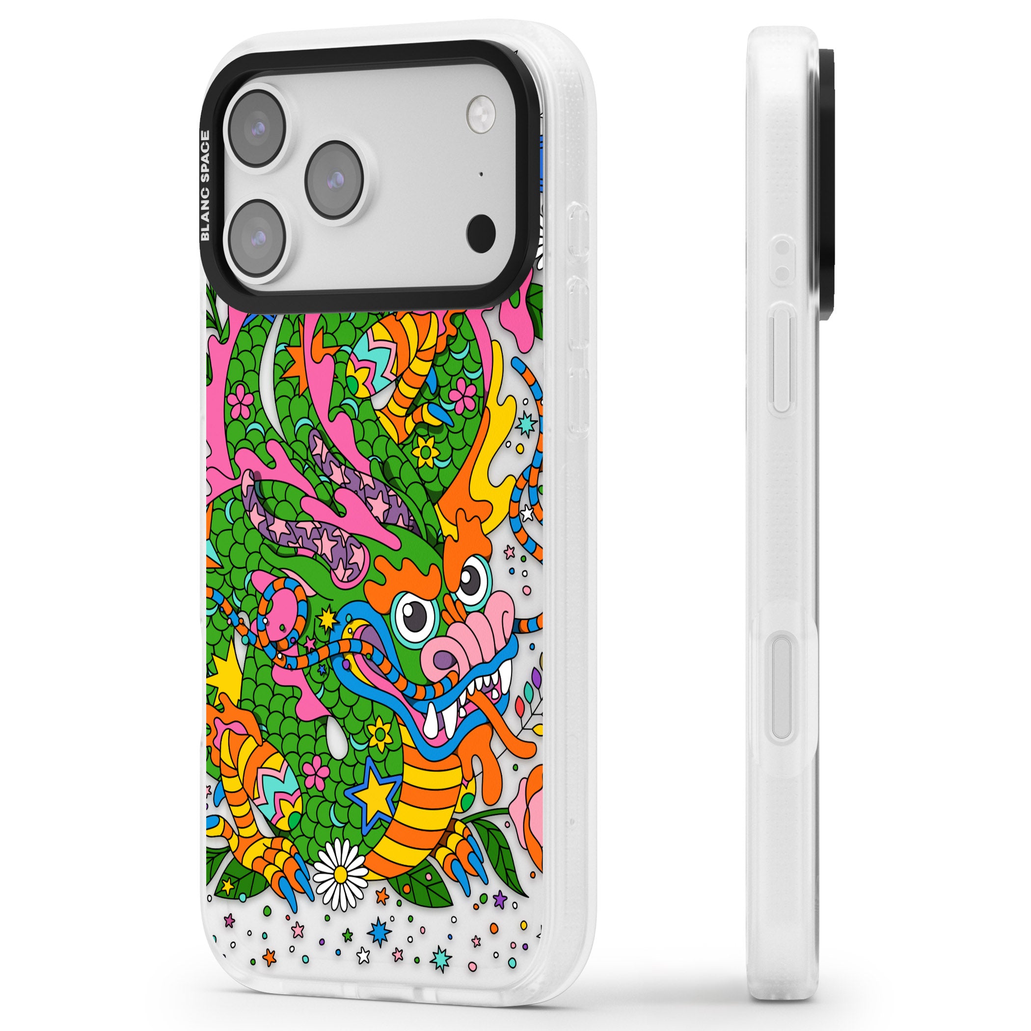 Psychedelic Jungle Dragon iPhone 17 Pro Max Impact Air Clear Phone Case Side Profile