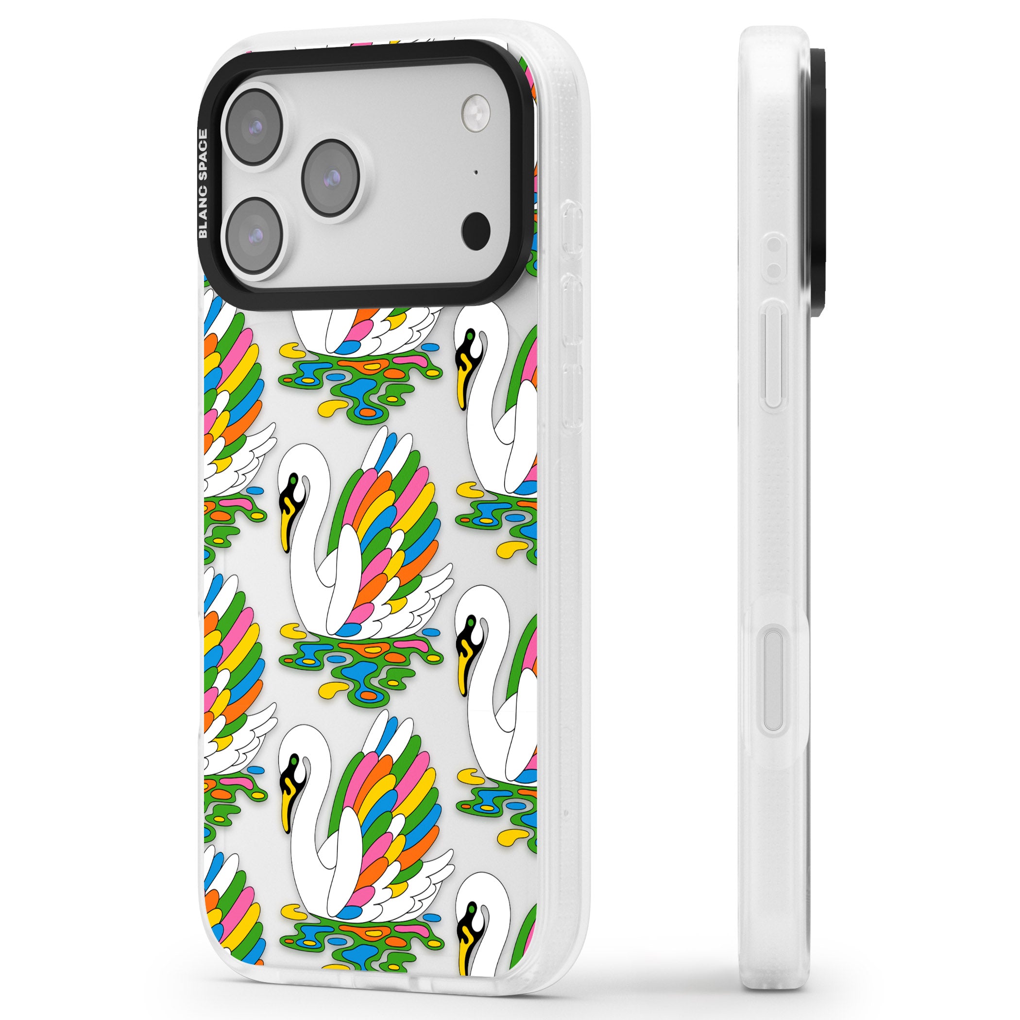 Colourful Swan Pattern iPhone 17 Pro Max Impact Air Clear Phone Case Side Profile