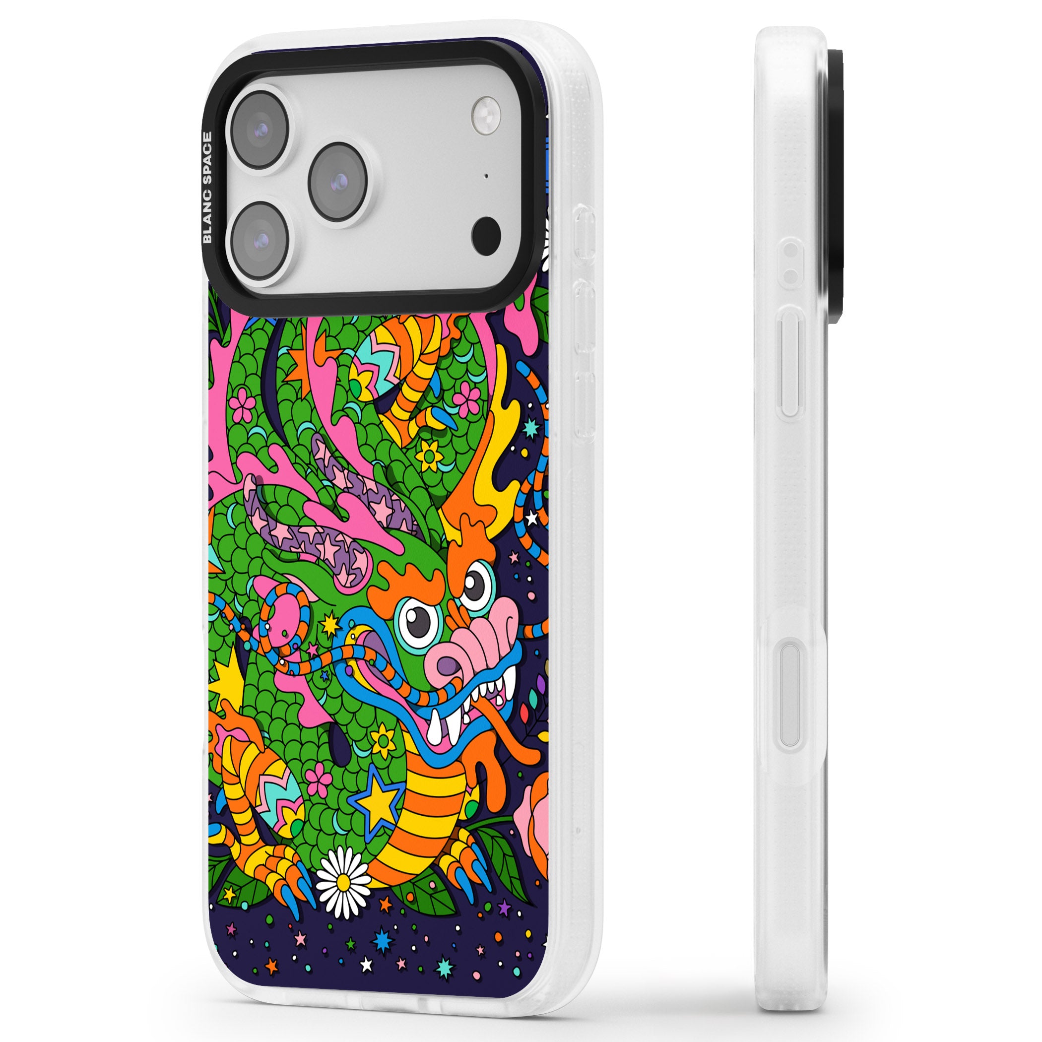 Psychedelic Jungle Dragon (Purple) iPhone 17 Pro Max Impact Air Clear Phone Case Side Profile