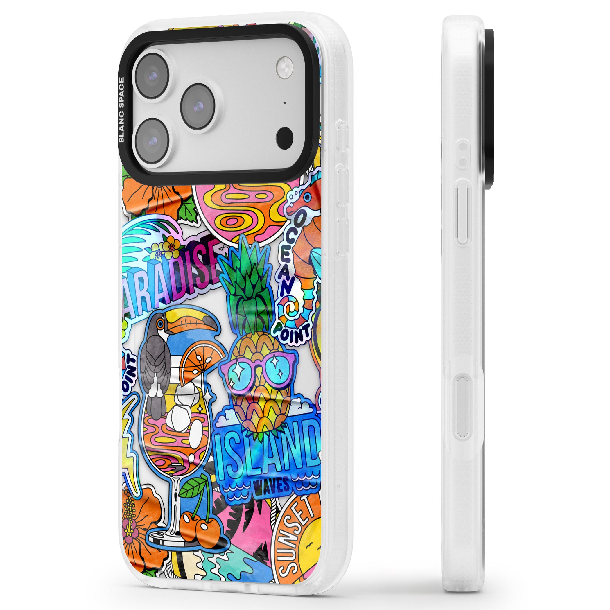 Tropical Vibes Collage iPhone 17 Pro Max Impact Air Clear Phone Case Side Profile