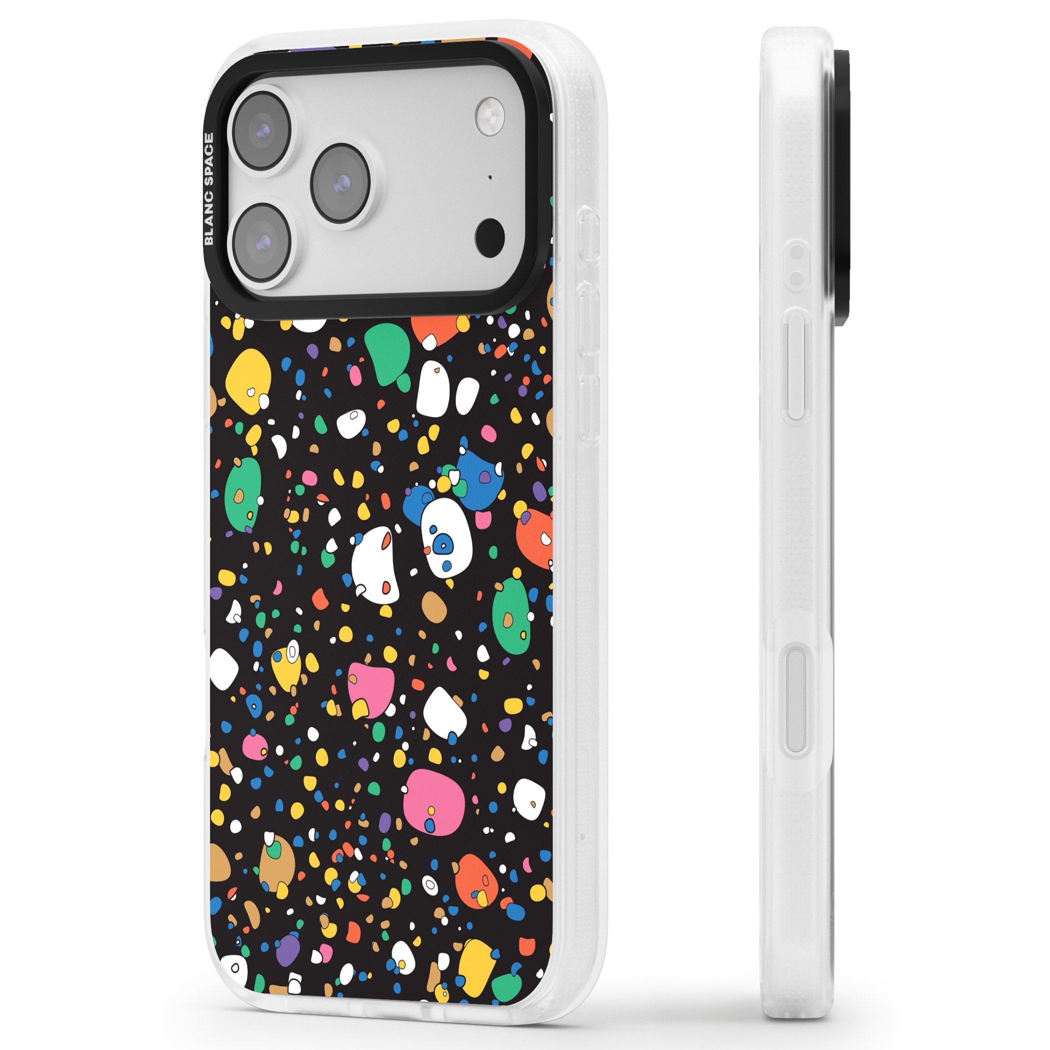 Colourful Confetti Pebbles (Black) iPhone 17 Pro Max Impact Air Clear Phone Case Side Profile