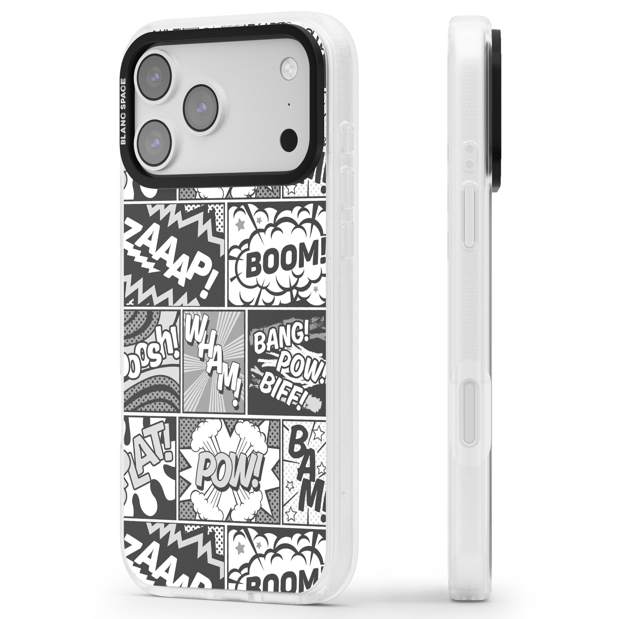 Onomatopoeia (Black & White) iPhone 17 Pro Max Impact Air Clear Phone Case Side Profile