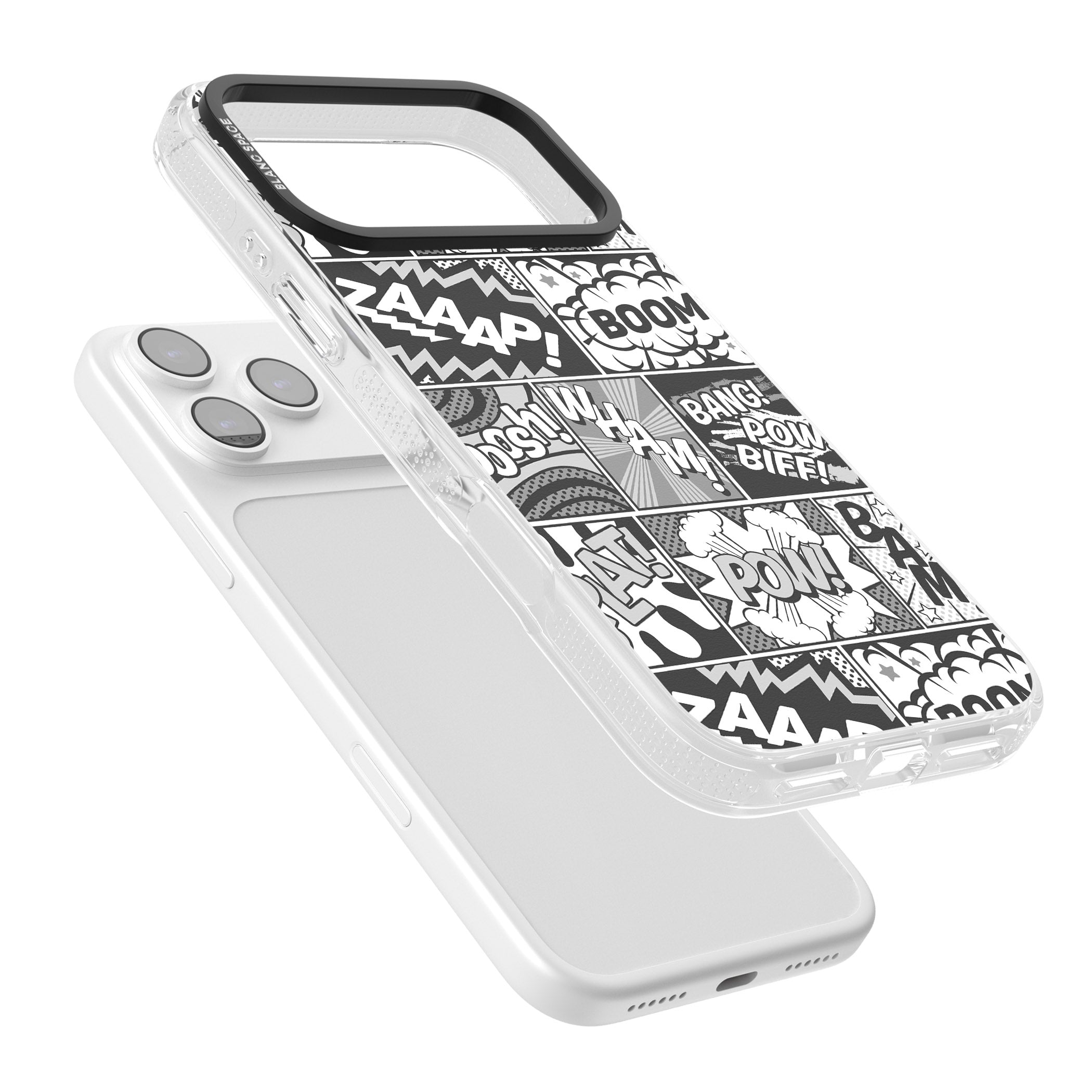 Onomatopoeia (Black & White) iPhone 17 Pro Max Impact Air Clear Phone Case Colours