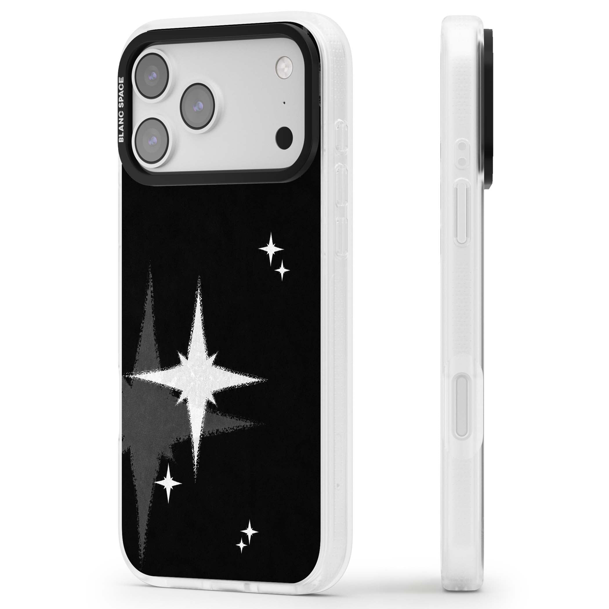 Black Sparkle celestial iPhone case featuring white sparkle stars on a black night sky background | Clear Case Impact Air case for iPhone 17 Pro, iPhone 17 Pro Max