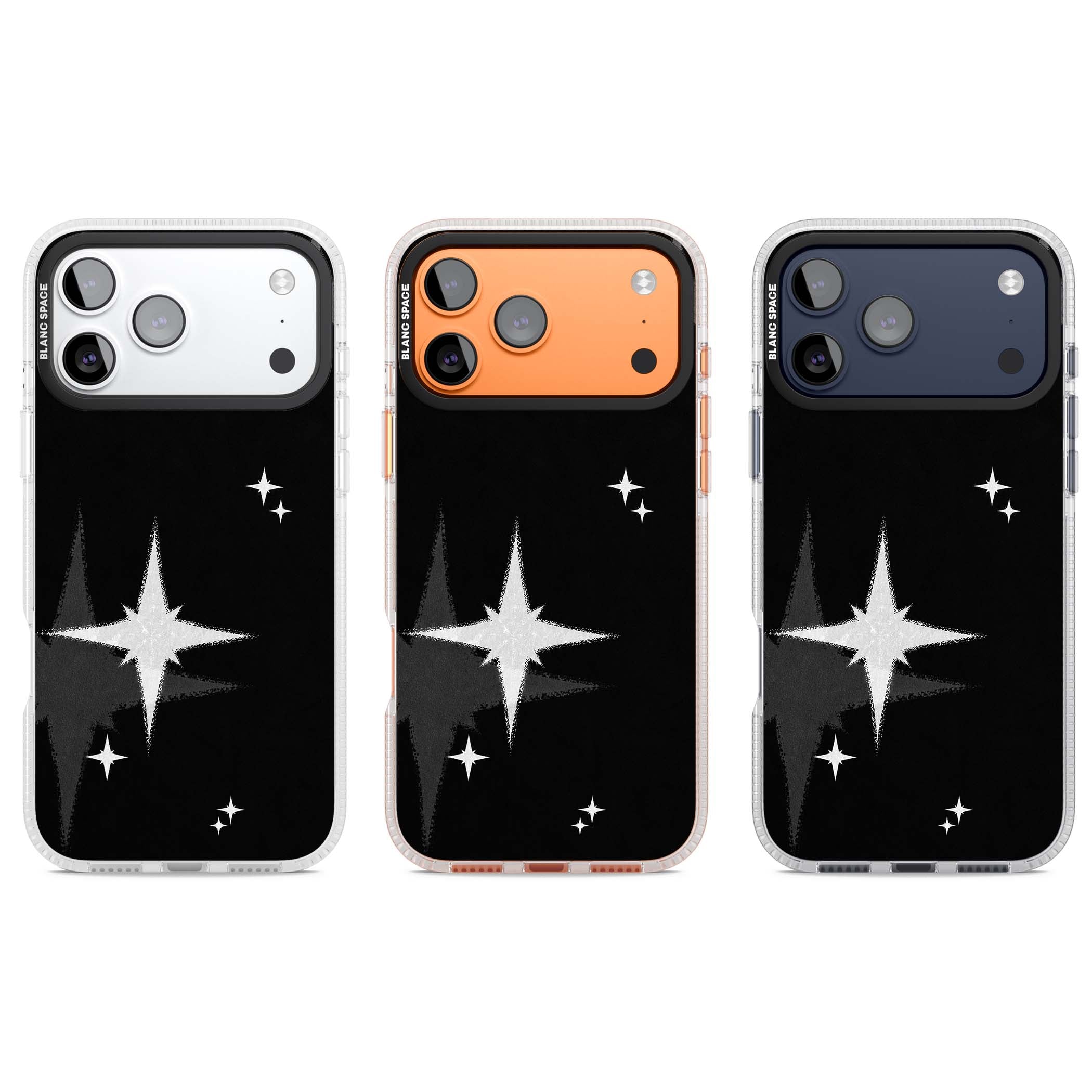 Black Sparkle celestial iPhone case featuring white sparkle stars on a black night sky background | Clear Case Impact Air case for iPhone 17 Pro, iPhone 17 Pro Max