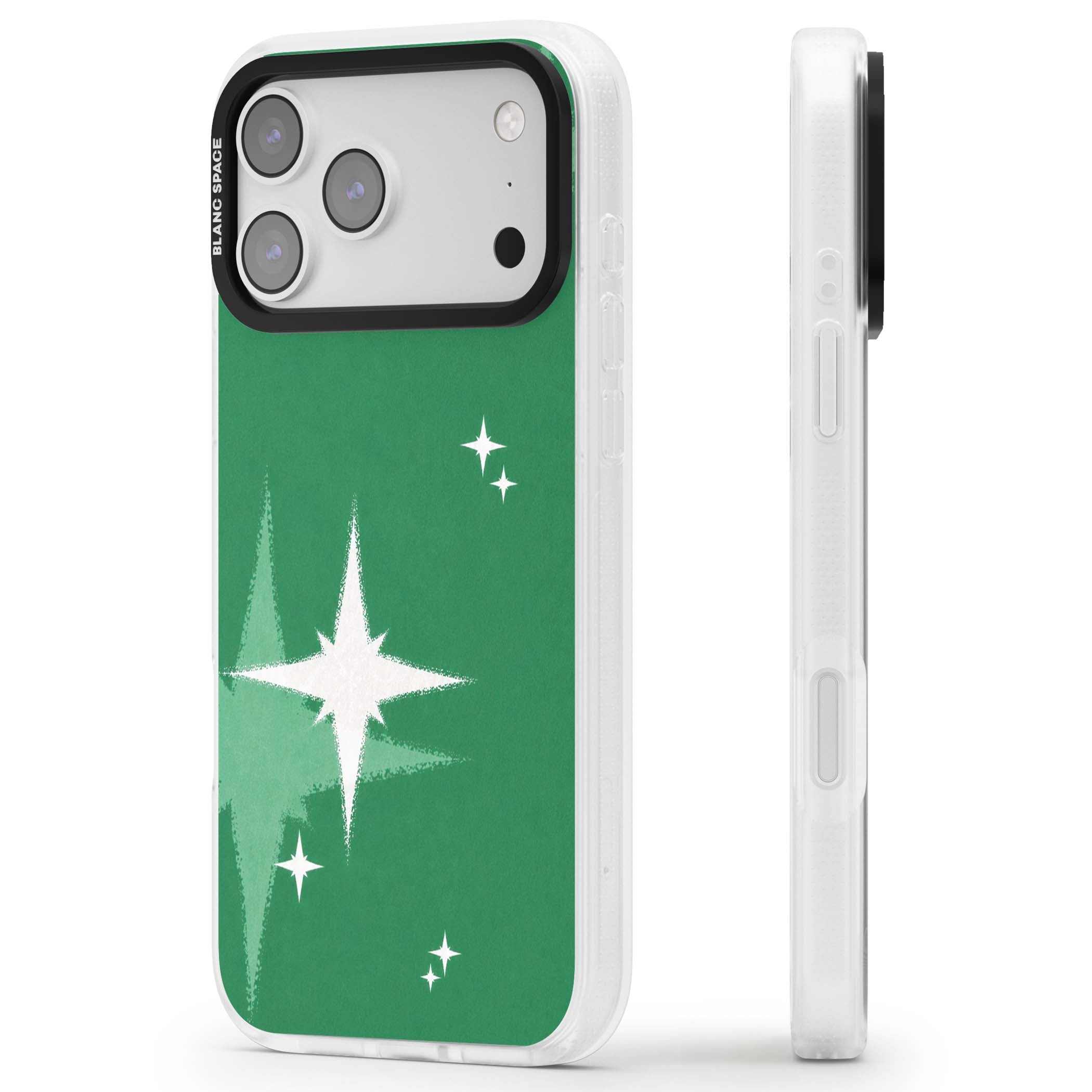 Green Sparkle celestial iPhone case featuring sparkling white four-point stars on a deep green background | Clear Case Impact Air case for iPhone 17 Pro, iPhone 17 Pro Max