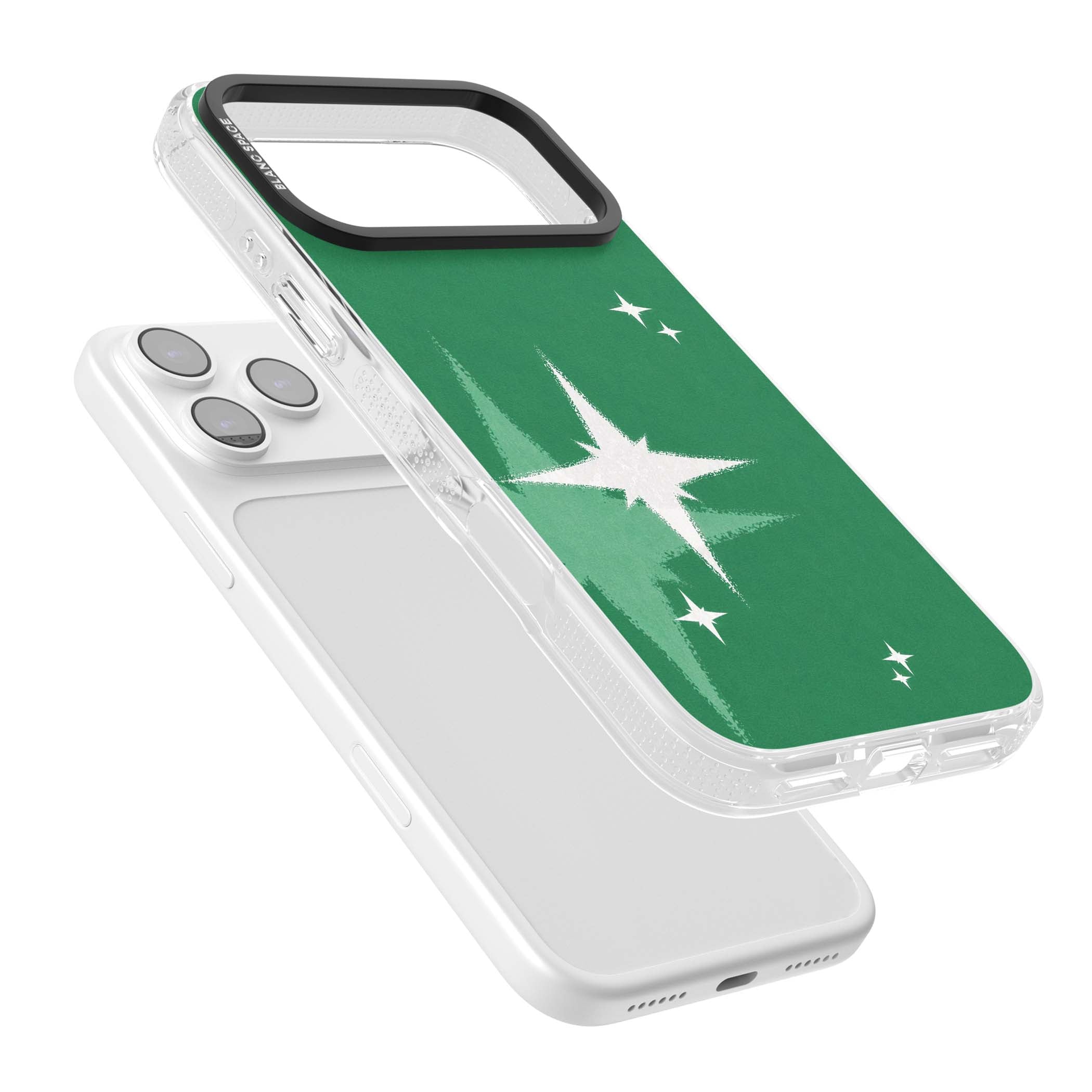 Green Sparkle celestial iPhone case featuring sparkling white four-point stars on a deep green background | Clear Case Impact Air case for iPhone 17 Pro, iPhone 17 Pro Max