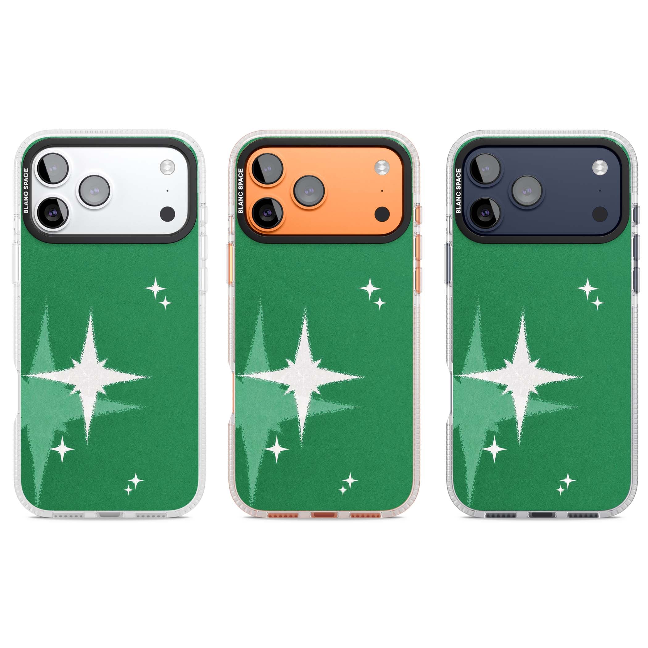 Green Sparkle celestial iPhone case featuring sparkling white four-point stars on a deep green background | Clear Case Impact Air case for iPhone 17 Pro, iPhone 17 Pro Max