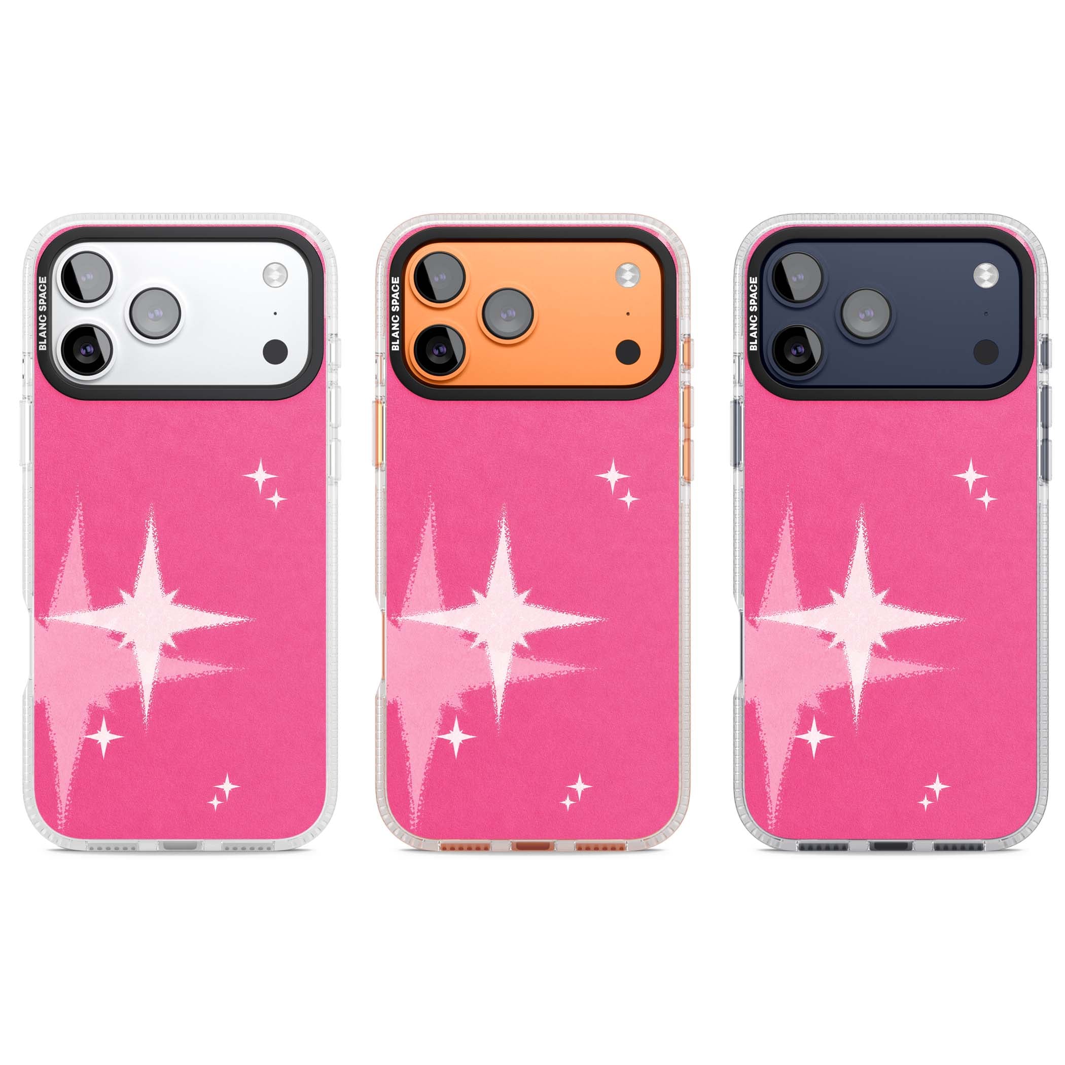 Pink Sparkle Y2K iPhone case featuring hot pink background with shimmering white starburst pattern | Clear Case Impact Air case for iPhone 17 Pro, iPhone 17 Pro Max