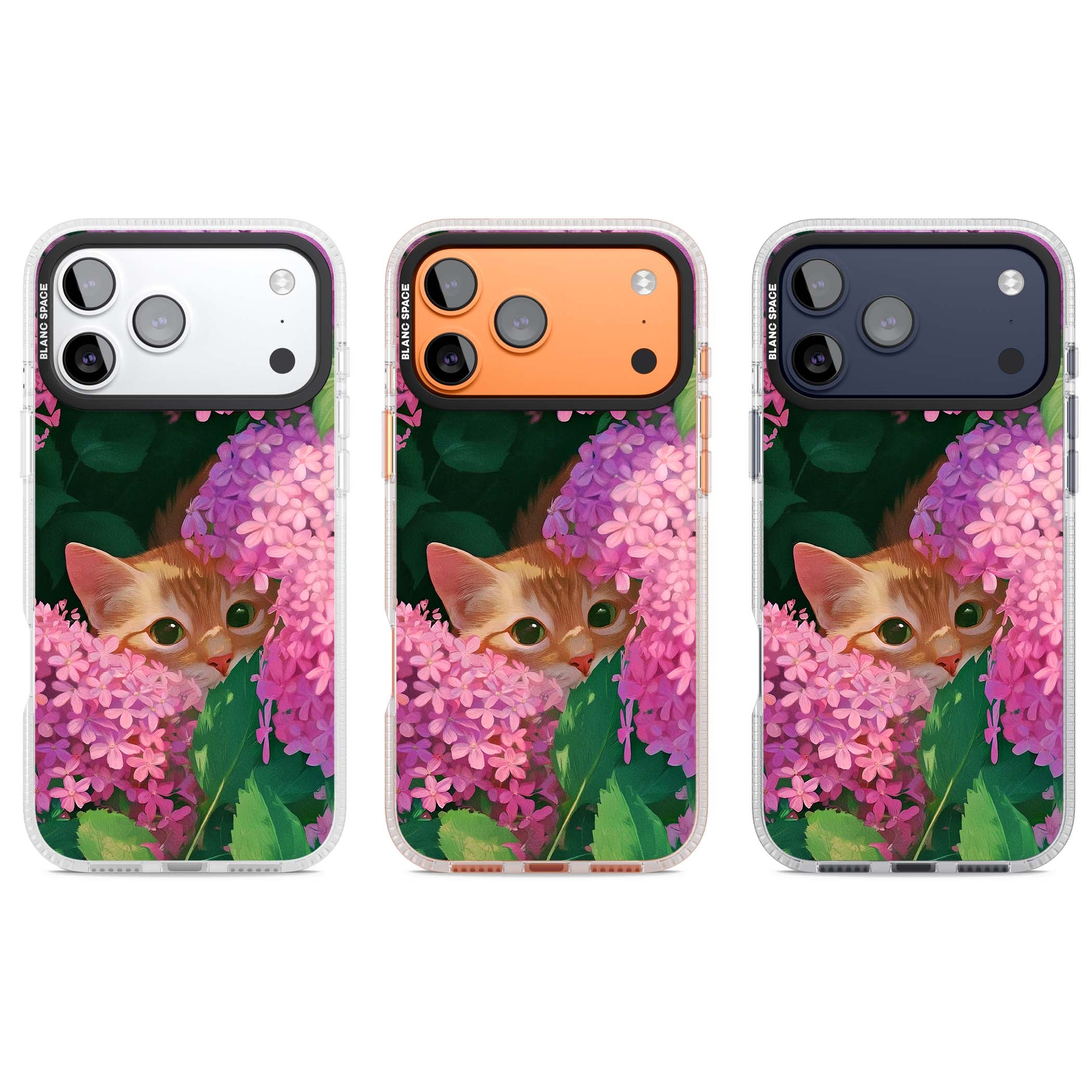Cat In Pink Flowers cottagecore iPhone case featuring a ginger kitten peeking through lilac and pink hydrangea flo | Clear Case Impact Air case for iPhone 17 Pro, iPhone 17 Pro Max