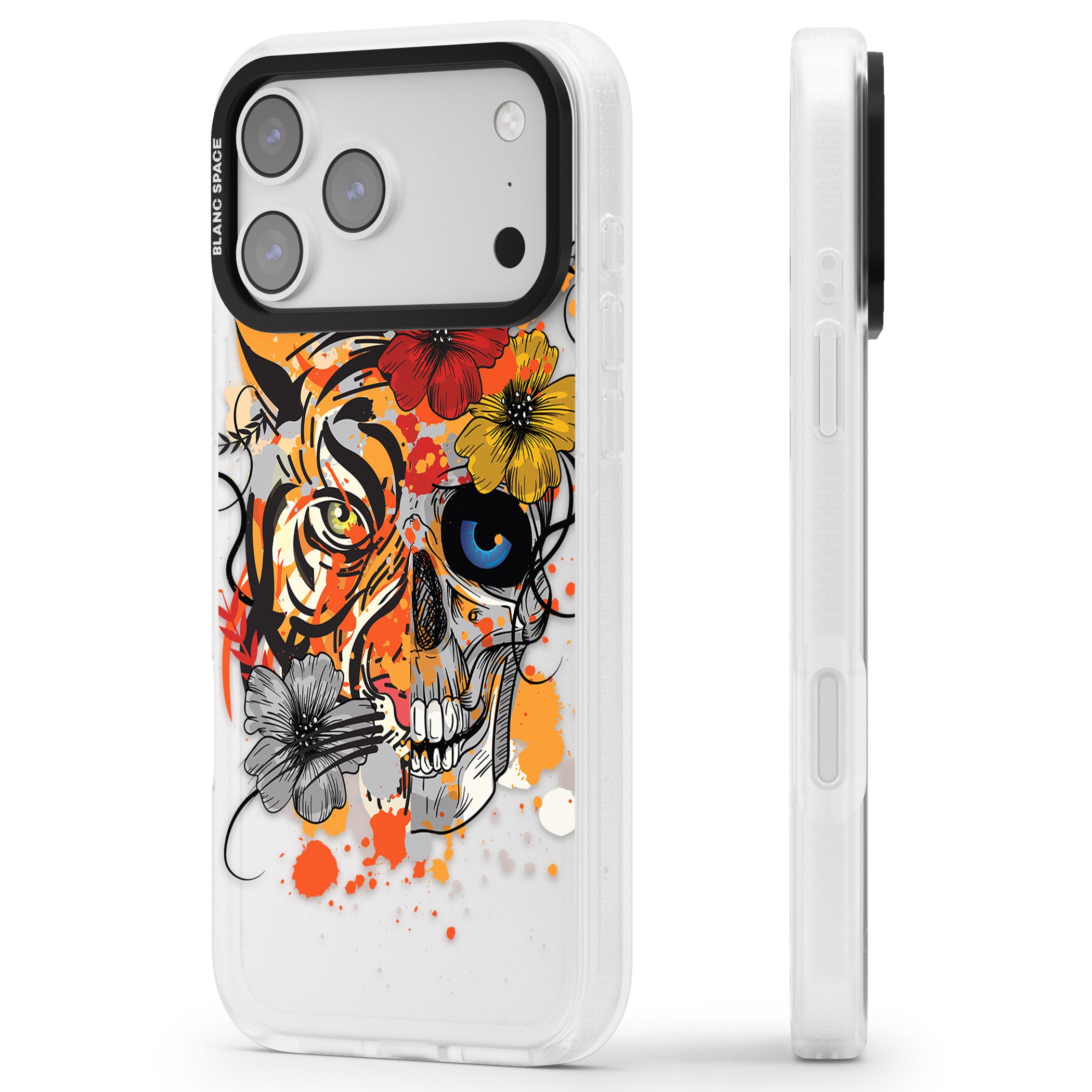 Sugar Skull Tiger Floral iPhone 17 Pro Max Impact Air Clear Phone Case Side Profile