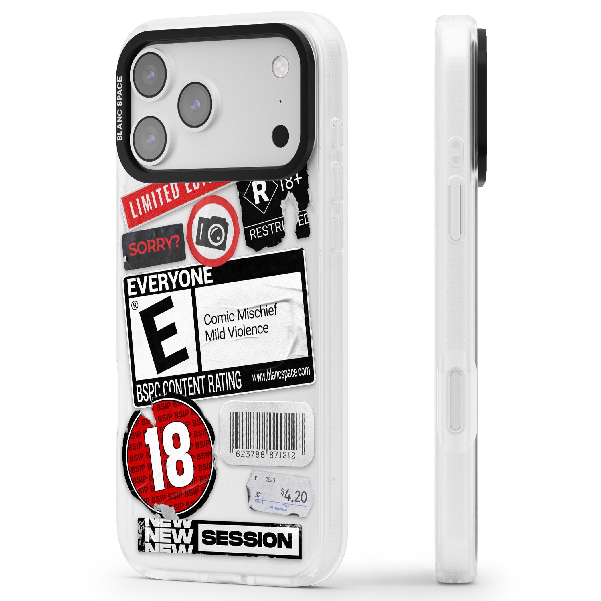 Rated 18+ Sticker Mix iPhone 17 Pro Max Impact Air Clear Phone Case Side Profile