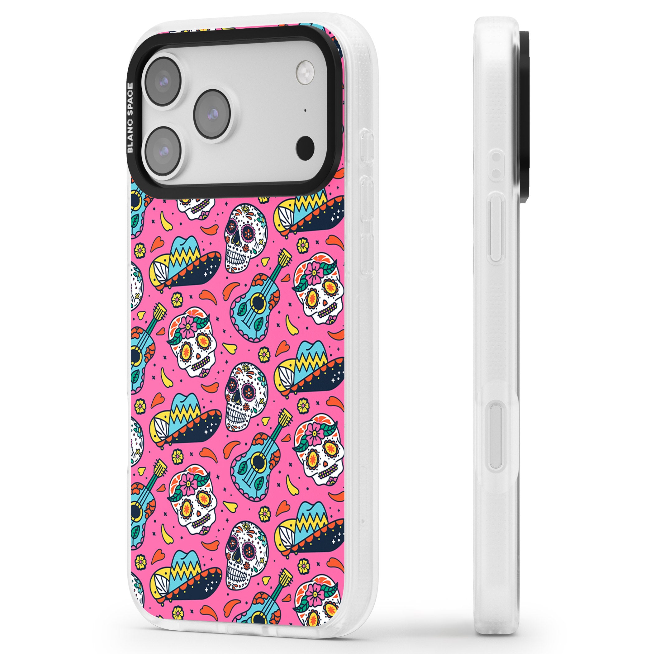 Pink Day Of The Dead Pattern iPhone 17 Pro Max Impact Air Clear Phone Case Side Profile