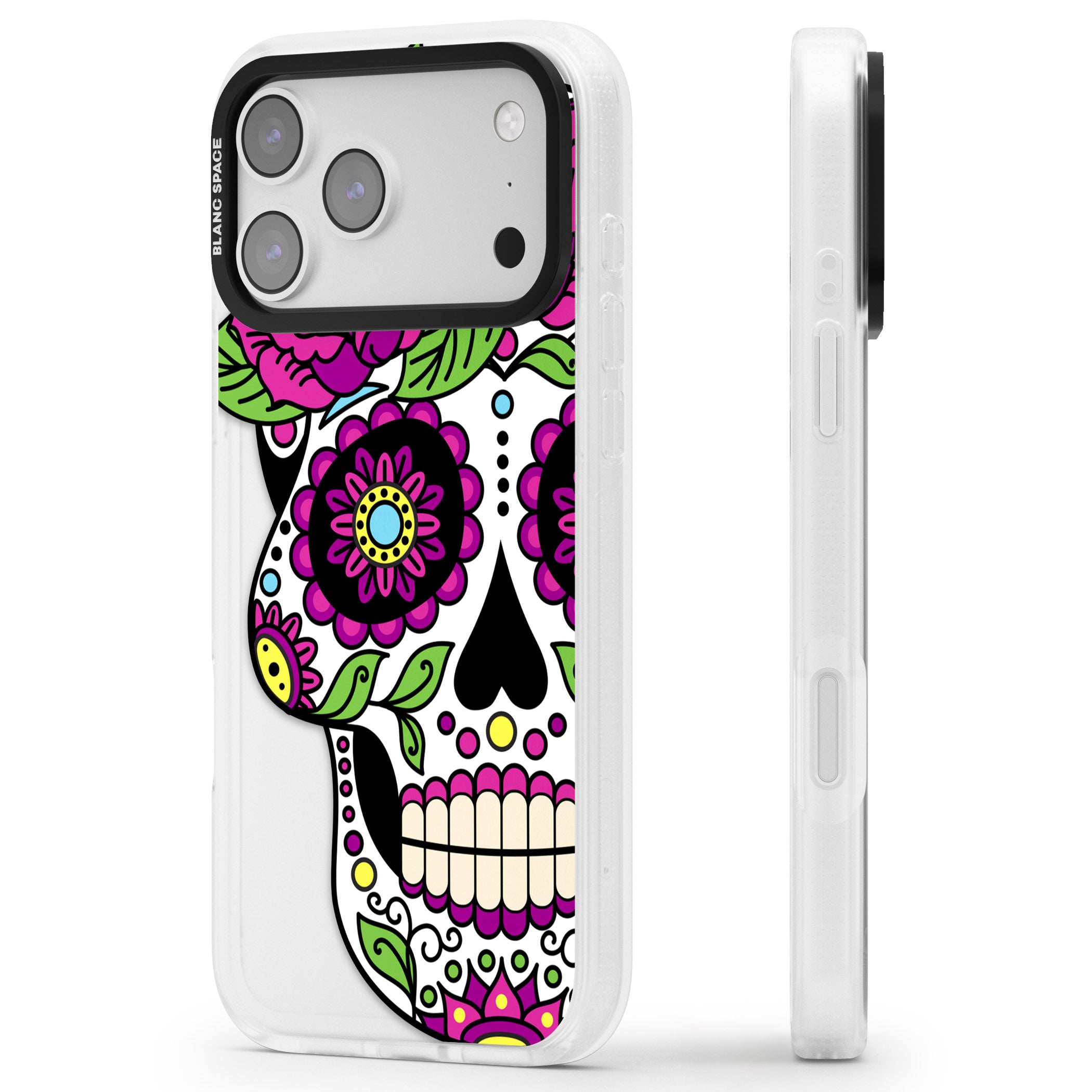 Purple Floral Sugar Skull iPhone 17 Pro Max Impact Air Clear Phone Case Side Profile