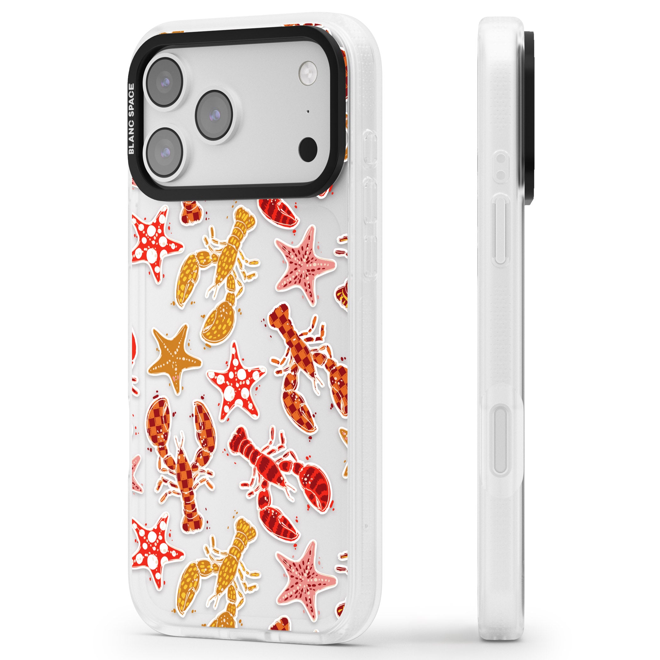 Lobster & Starfish Coastal Pattern iPhone 17 Pro Max Impact Air Clear Phone Case Side Profile
