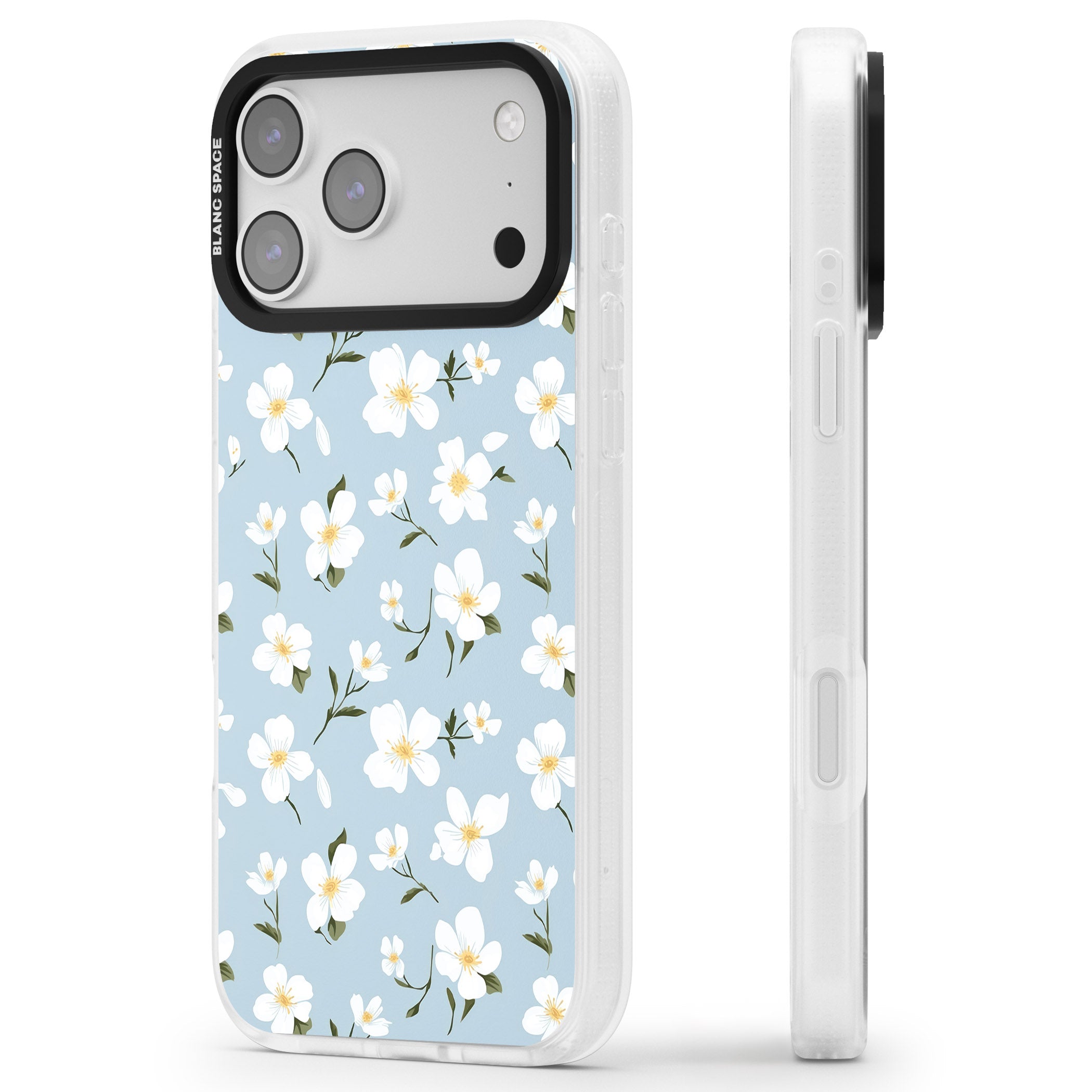 Soft White Blossoms iPhone 17 Pro Max Impact Air Clear Phone Case Side Profile