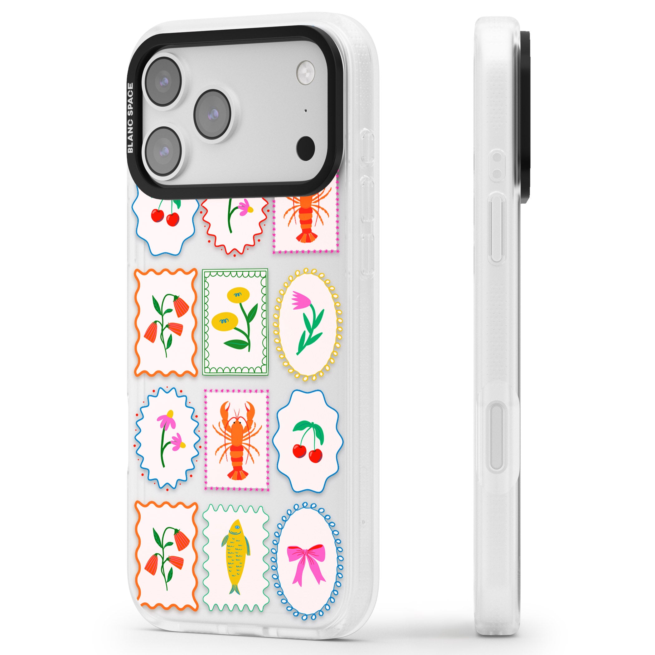 Floral Seafood Stamps iPhone 17 Pro Max Impact Air Clear Phone Case Side Profile