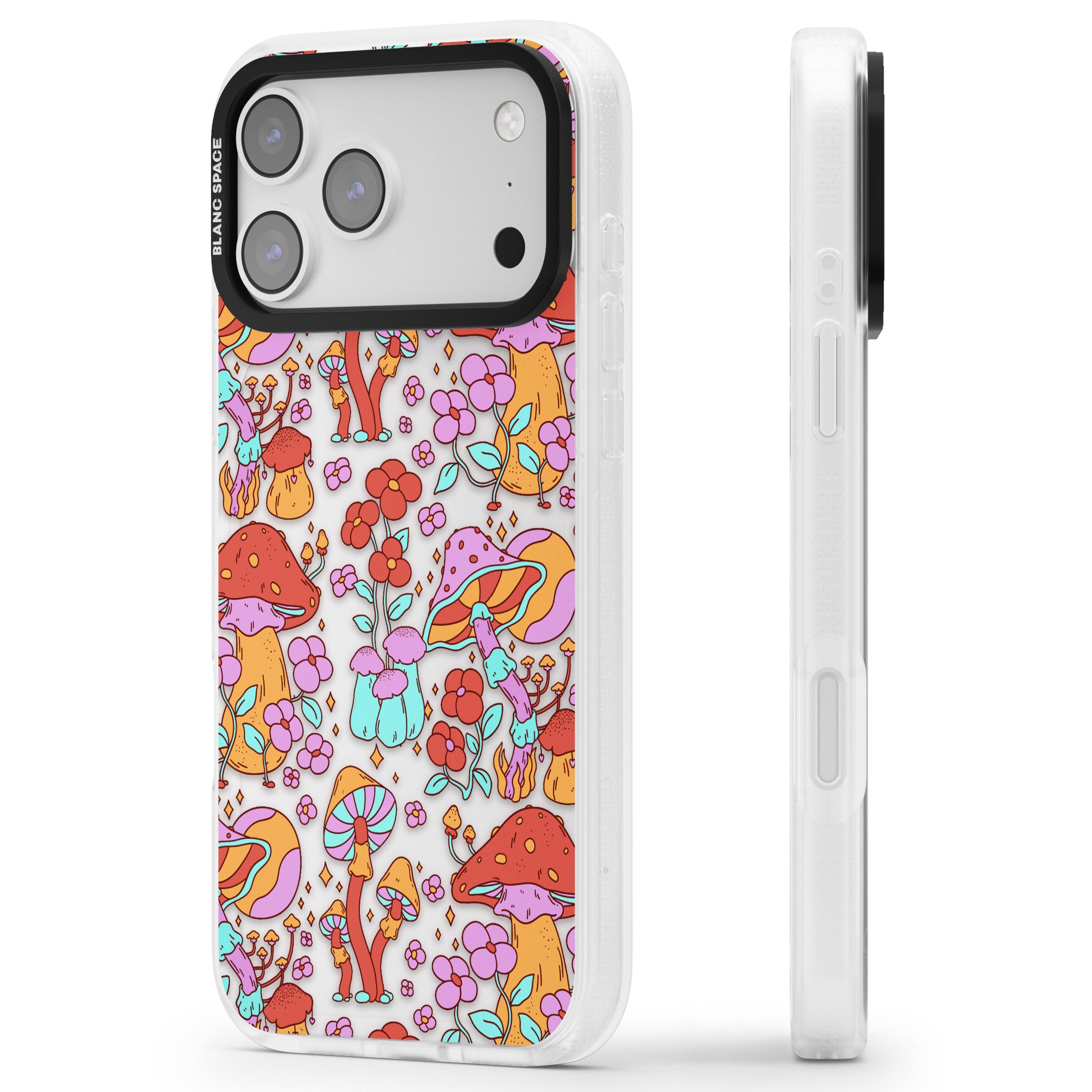 Psychedelic Flowers & Mushrooms iPhone 17 Pro Max Impact Air Clear Phone Case Side Profile