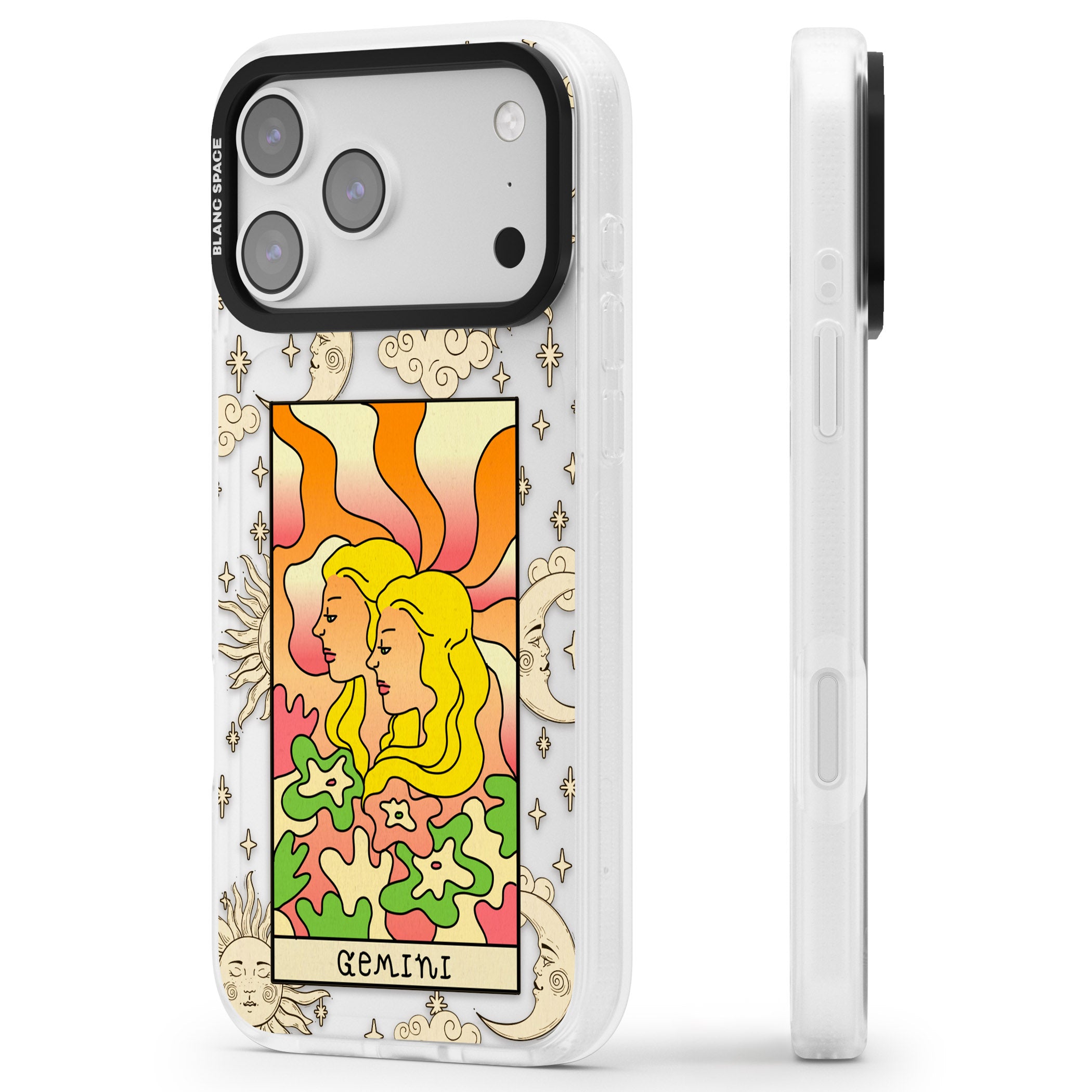 Celestial Zodiac Gemini iPhone 17 Pro Max Impact Air Clear Phone Case Side Profile