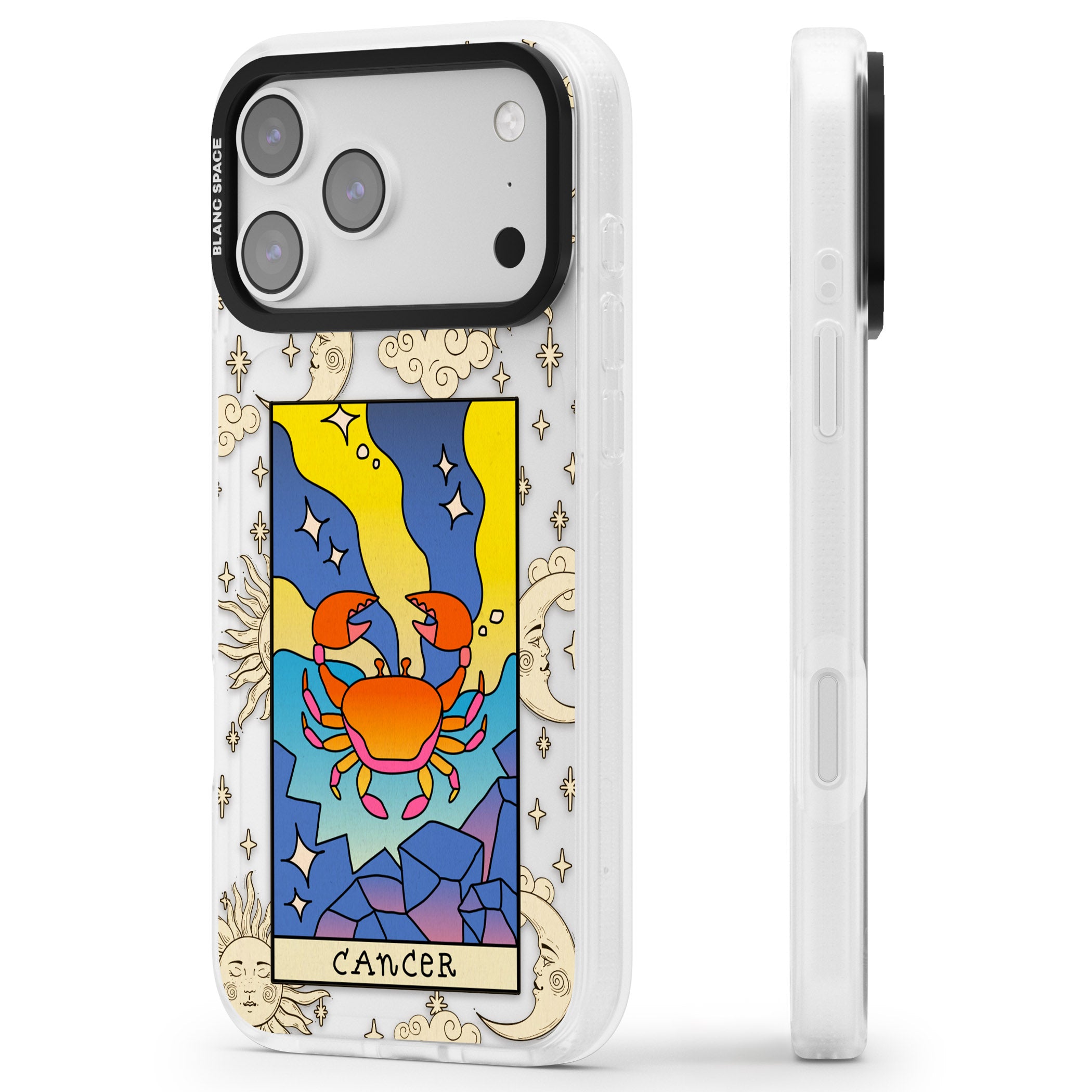Celestial Zodiac Cancer iPhone 17 Pro Max Impact Air Clear Phone Case Side Profile