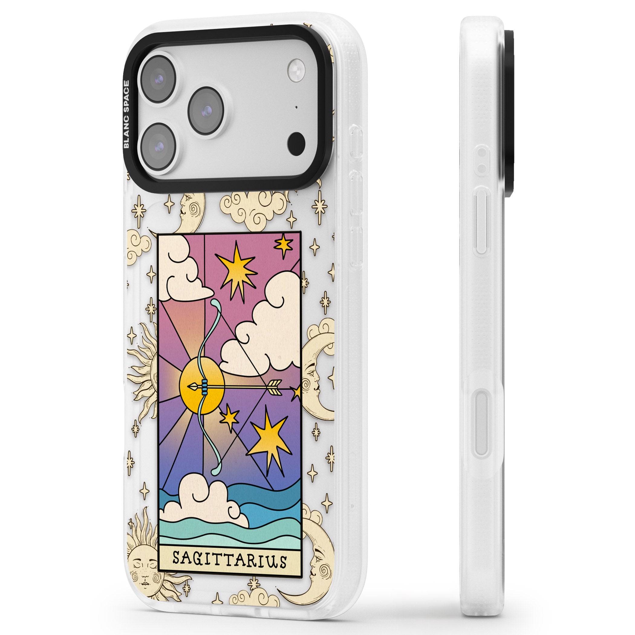 Celestial Zodiac Sagittarius iPhone 17 Pro Max Impact Air Clear Phone Case Side Profile