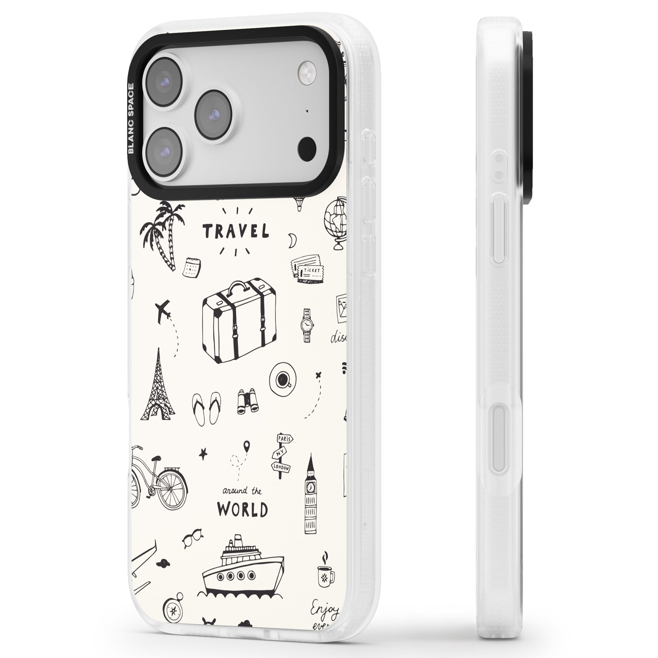Cute Travel Pattern, White On iPhone 17 Pro Max Impact Air Clear Phone Case Side Profile