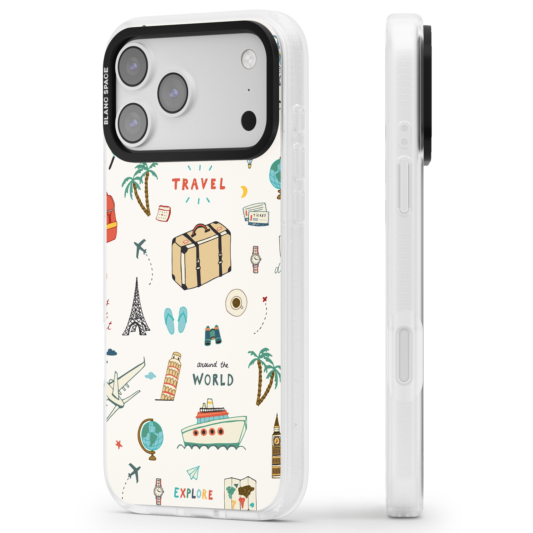 Cute Travel Pattern Cream iPhone 17 Pro Max Impact Air Clear Phone Case Side Profile
