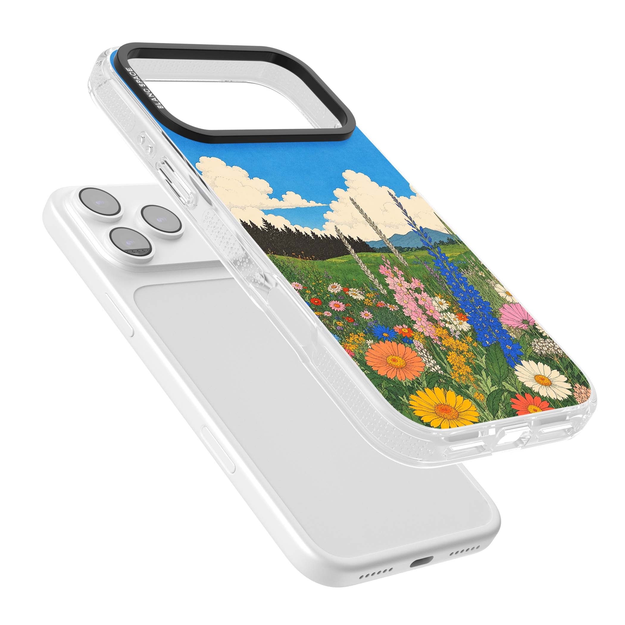 Wildbloom wildflower iPhone case featuring a vintage Japanese-style meadow landscape with daisies, delphiniums and moun | Clear Case Impact Air case for iPhone 17 Pro, iPhone 17 Pro Max