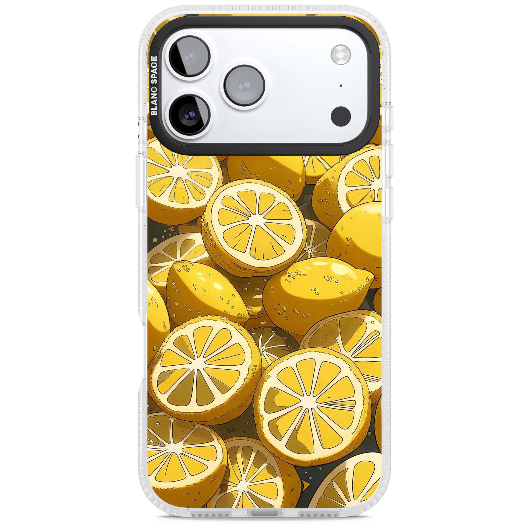 Zesty coastal iPhone case featuring illustrated Mediterranean lemons and citrus slices in golden yellow | Clear Case Impact Air case for iPhone 17 Pro, iPhone 17 Pro Max