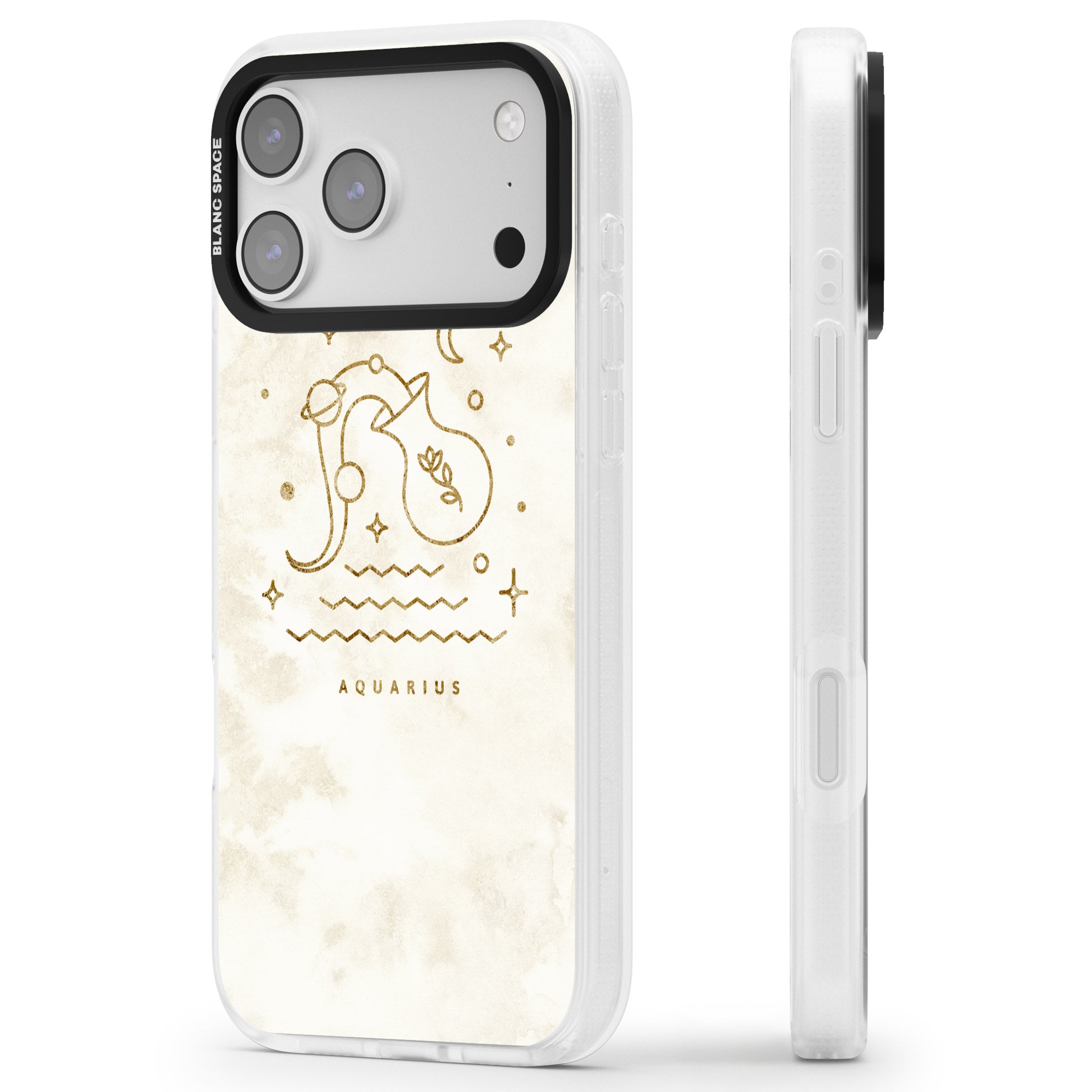 Aquarius Golden Emblem iPhone 17 Pro Max Impact Air Clear Phone Case Side Profile