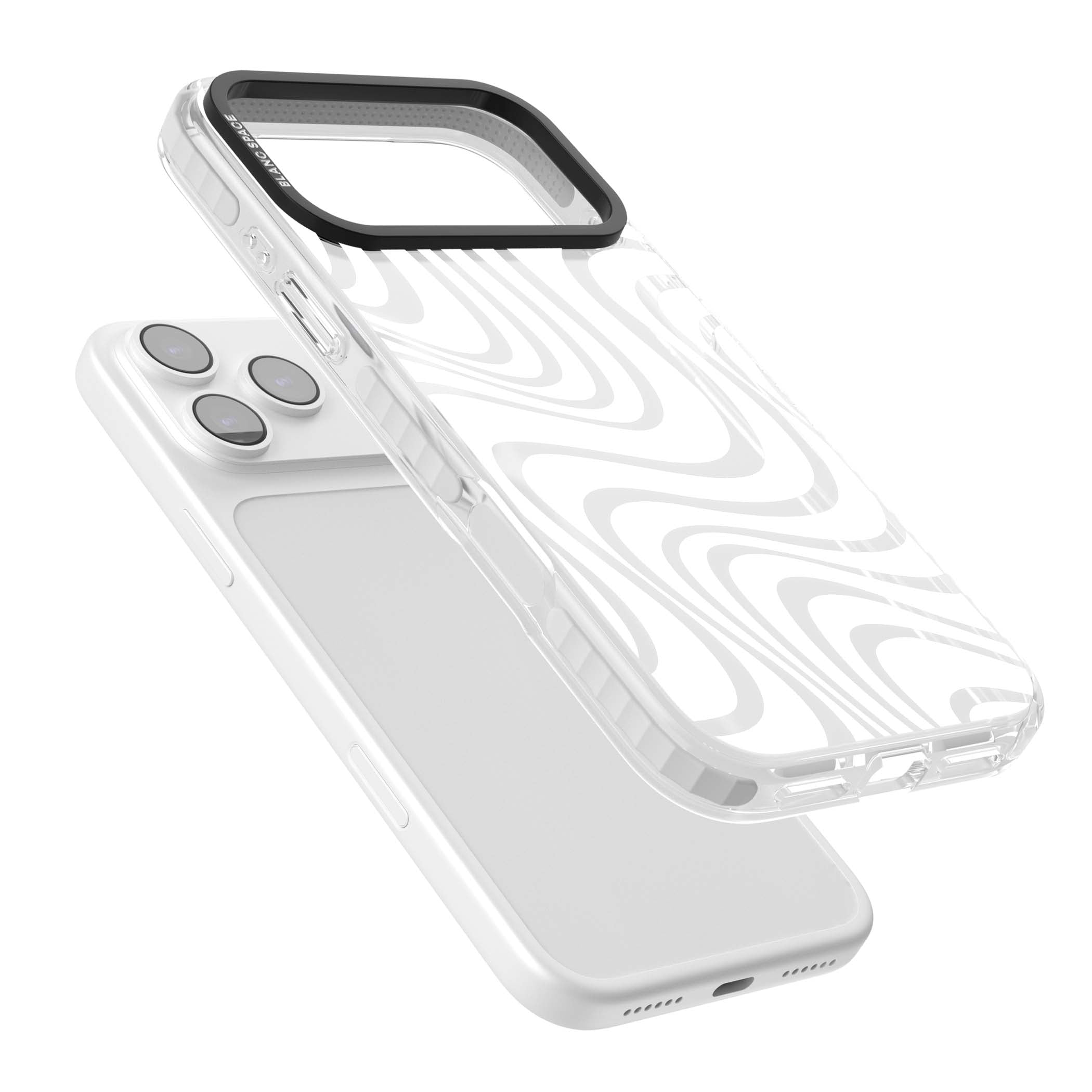 White Abstract Waves abstract iPhone case featuring flowing grey wave pattern on clear background | Black Impact case for iPhone 17 Pro, iPhone 17 Pro Max