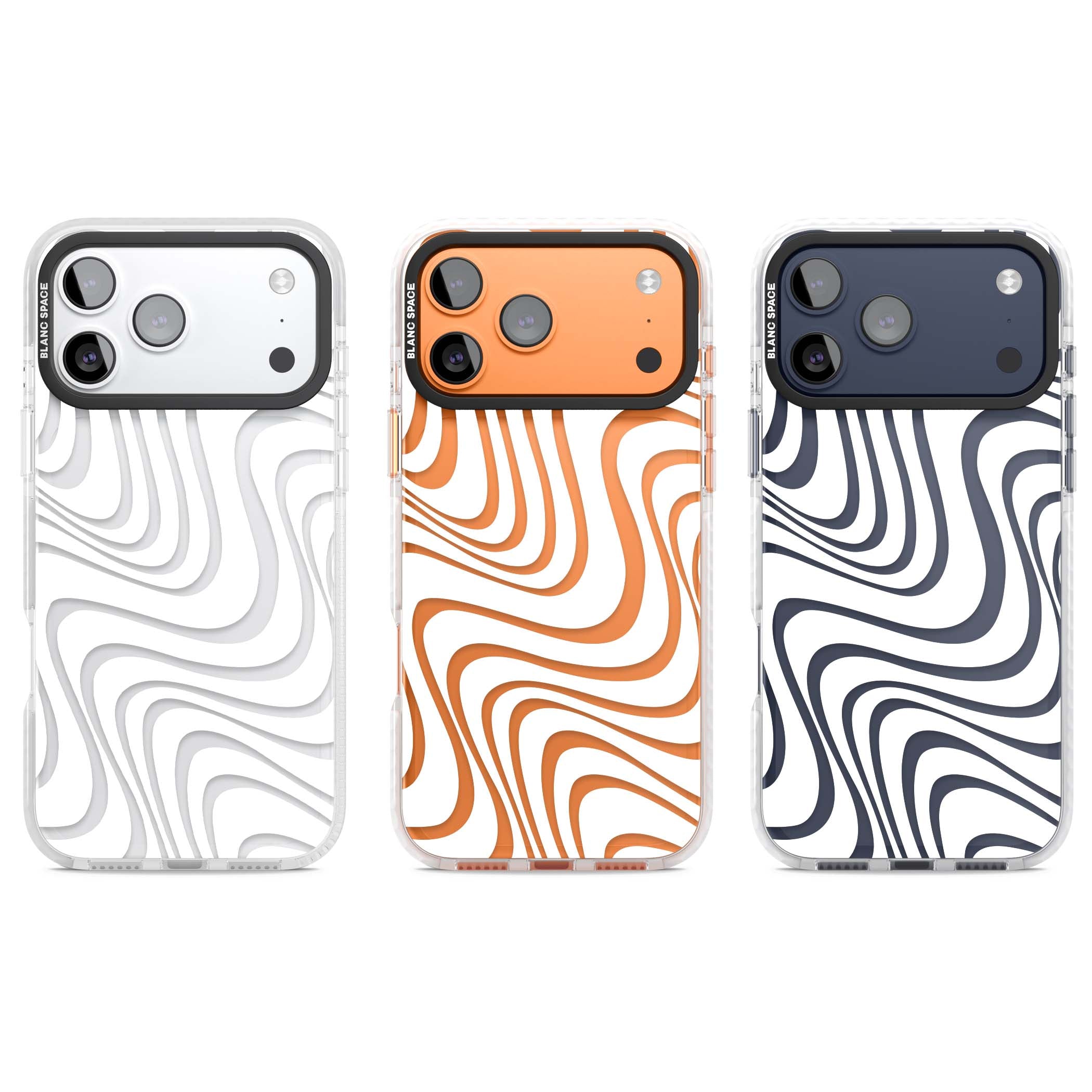 White Abstract Waves abstract iPhone case featuring flowing grey wave pattern on clear background | Black Impact case for iPhone 17 Pro, iPhone 17 Pro Max