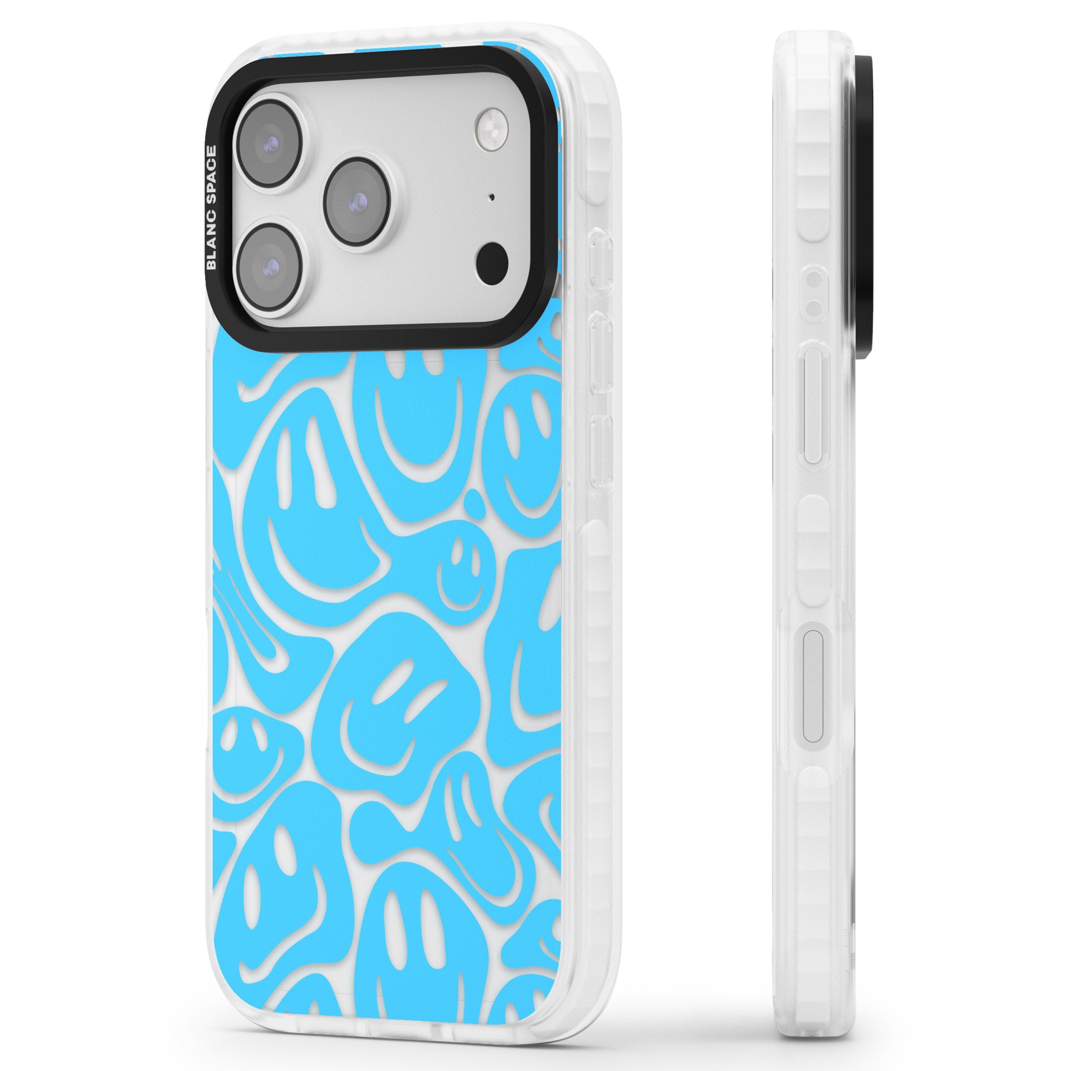 Blue Acid Faces iPhone 17 Pro Max Impact Clear Phone Case Side Profile
