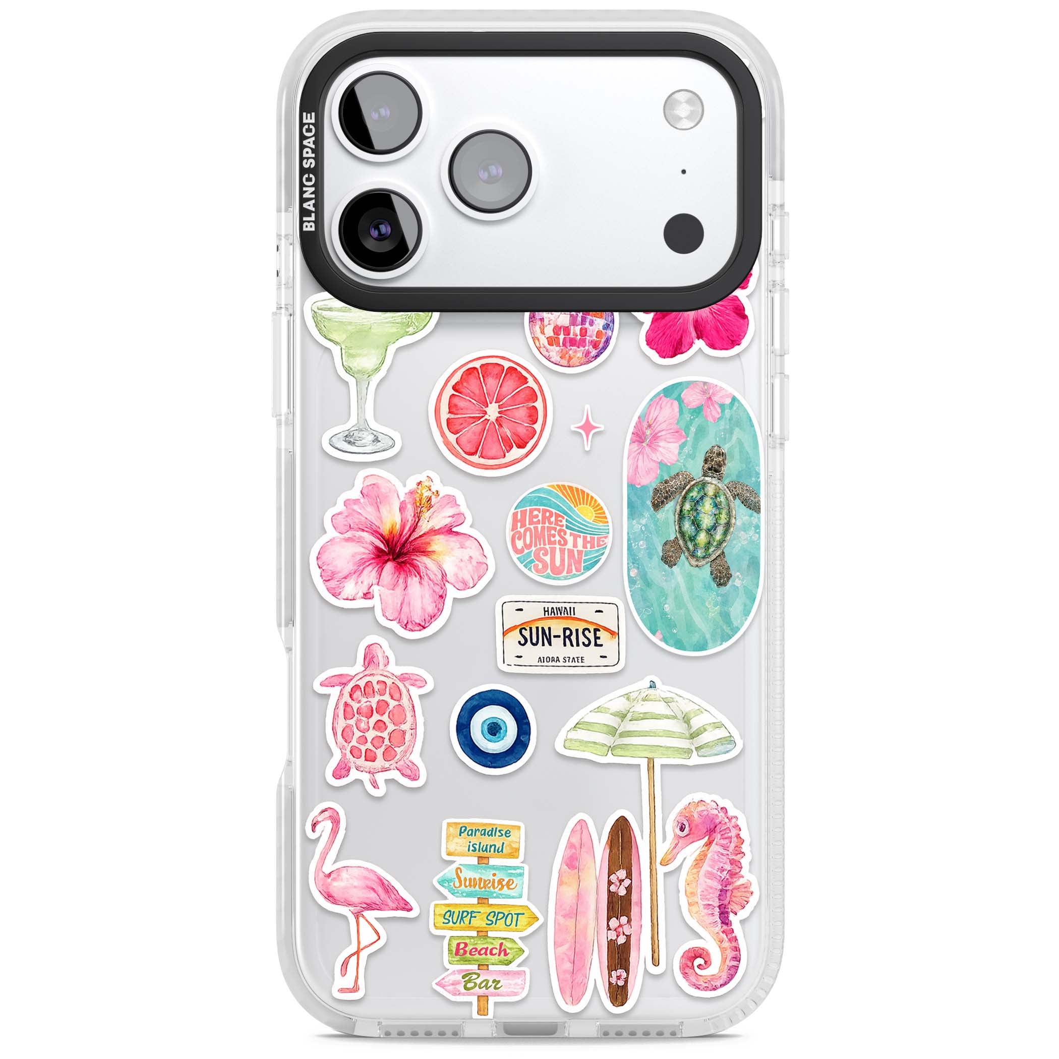Aloha Sticker Mix tropical summer iPhone case featuring pink hibiscus, sea turtles, flamingo and beach umbrella stickers | Black Impact case for iPhone 17 Pro, iPhone 17 Pro Max
