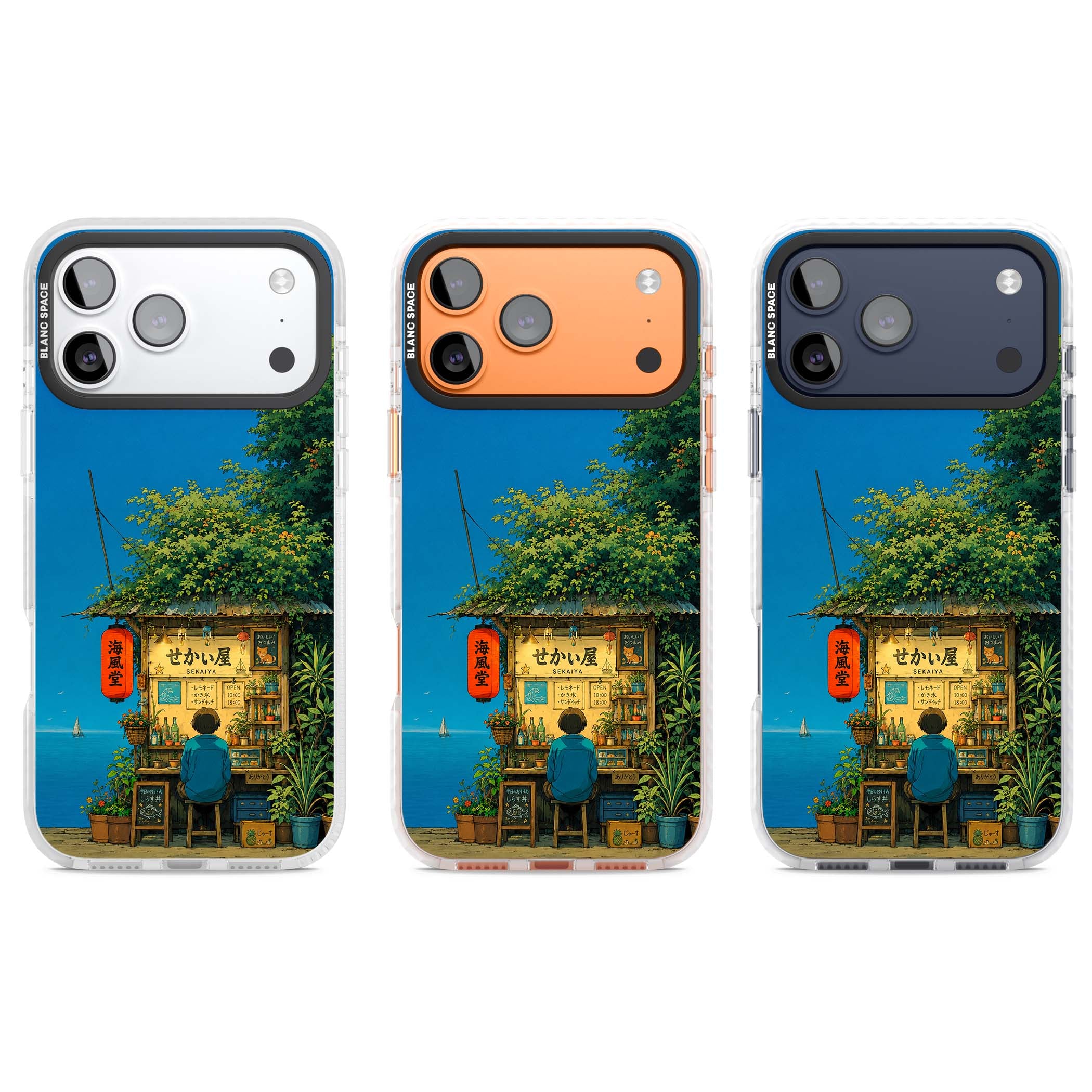 The Shirahama Kiosk anime iPhone case featuring a Japanese seaside shop, red paper lantern and ocean view | Black Impact case for iPhone 17 Pro, iPhone 17 Pro Max